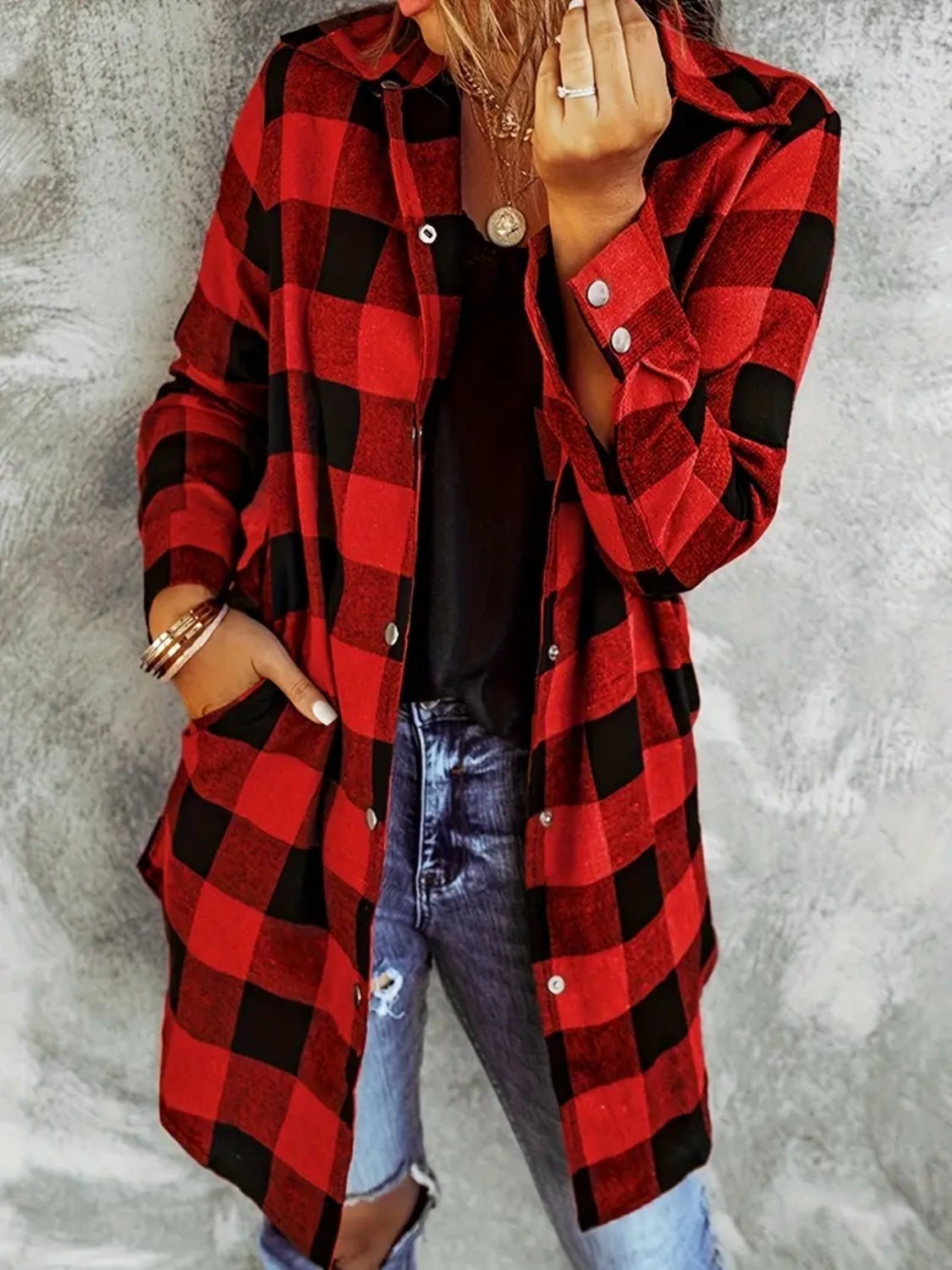 Plaid Collared Neck Snap Down Long Sleeve Jacket - GirlyBayOuterwearPlaid Collared Neck Snap Down Long Sleeve Jacket100100566911458SDeep RedGirlyBayPlaid Collared Neck Snap Down Long Sleeve Jacket