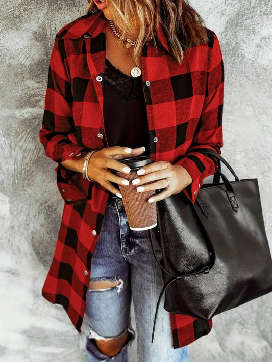 Plaid Collared Neck Snap Down Long Sleeve Jacket - GirlyBayOuterwearPlaid Collared Neck Snap Down Long Sleeve Jacket100100566911458SDeep RedGirlyBayPlaid Collared Neck Snap Down Long Sleeve Jacket