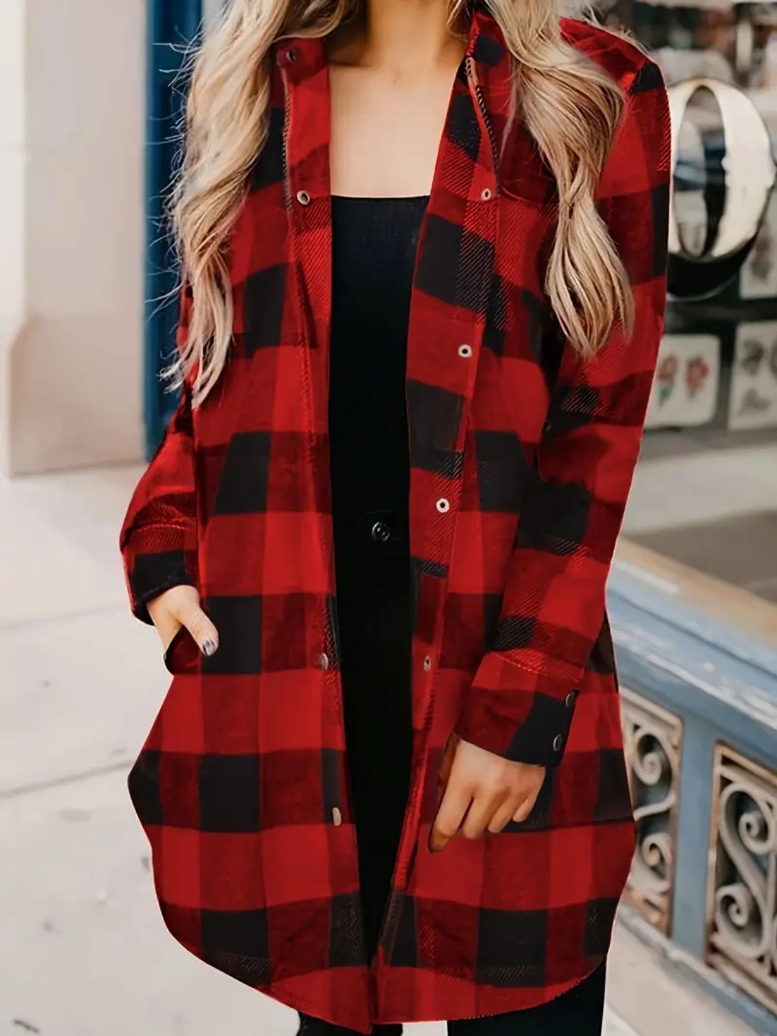 Plaid Collared Neck Snap Down Long Sleeve Jacket - GirlyBayOuterwearPlaid Collared Neck Snap Down Long Sleeve Jacket100100566911458SDeep RedGirlyBayPlaid Collared Neck Snap Down Long Sleeve Jacket