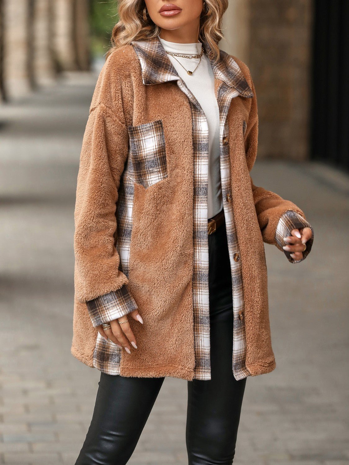 Plaid Contrast Dropped Shoulder Coat - GirlyBayOuterwearPlaid Contrast Dropped Shoulder Coat100100345051595SKhakiGirlyBayPlaid Contrast Dropped Shoulder Coat
