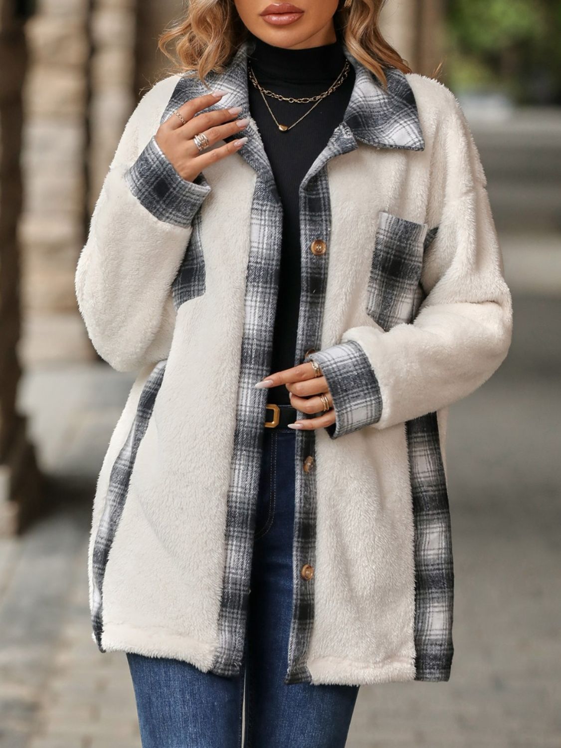 Plaid Contrast Dropped Shoulder Coat - GirlyBayOuterwearPlaid Contrast Dropped Shoulder Coat100100345055934SWhiteGirlyBayPlaid Contrast Dropped Shoulder Coat