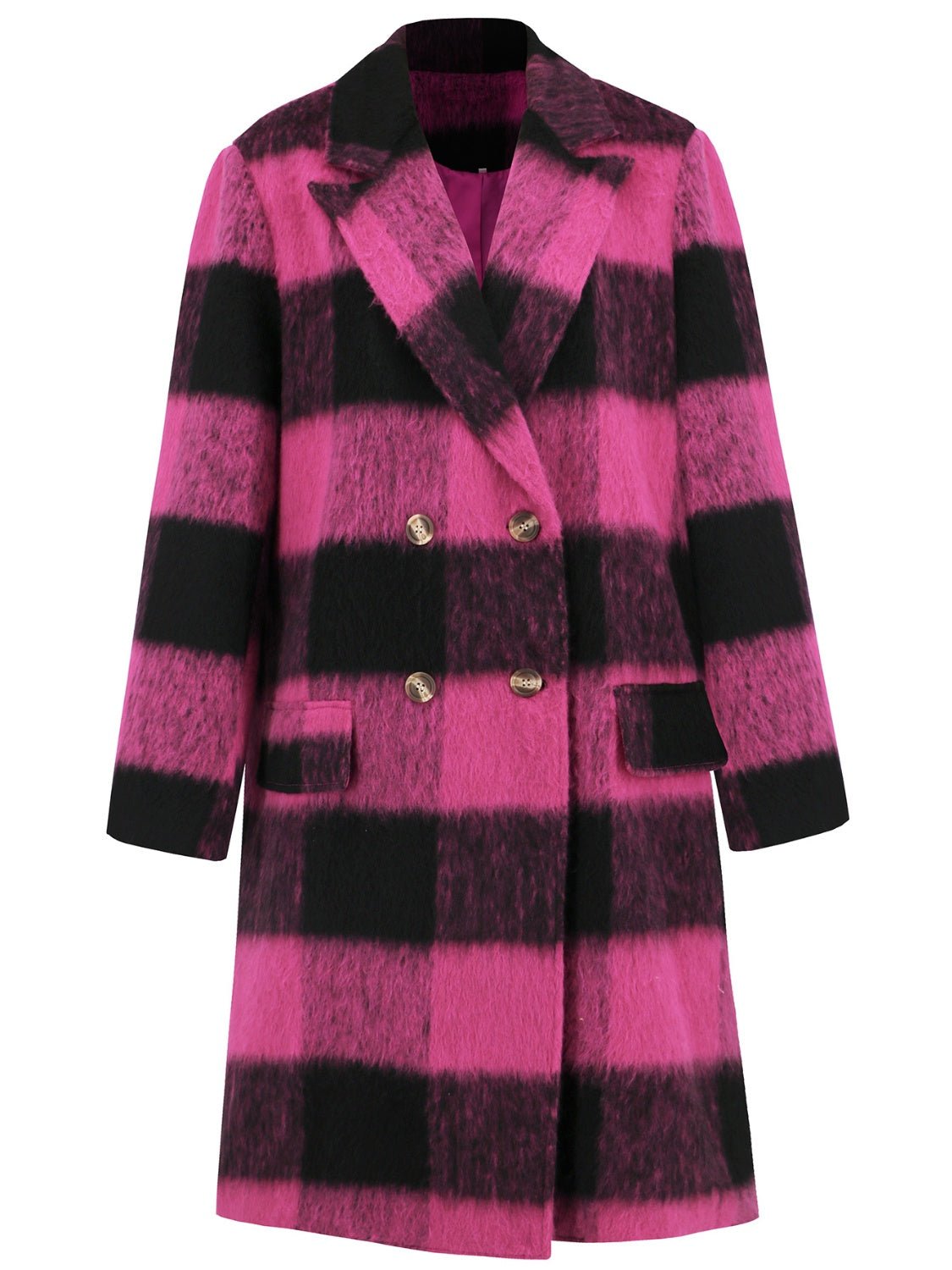 Plaid Double - Breasted Long Sleeve Coat - GirlyBayOuterwearPlaid Double - Breasted Long Sleeve Coat100100617935548SHot PinkGirlyBayPlaid Double - Breasted Long Sleeve Coat