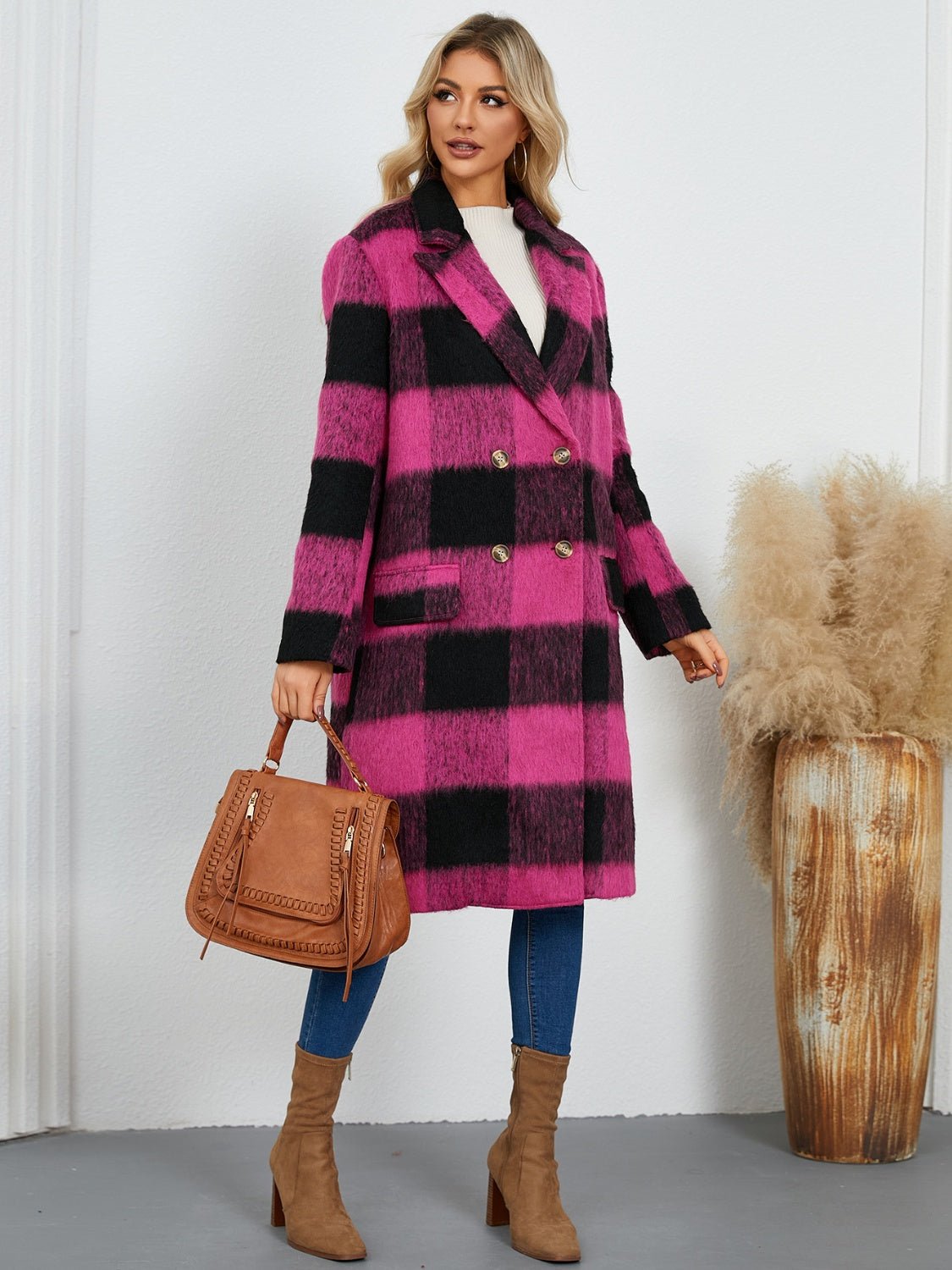 Plaid Double - Breasted Long Sleeve Coat - GirlyBayOuterwearPlaid Double - Breasted Long Sleeve Coat100100617935548SHot PinkGirlyBayPlaid Double - Breasted Long Sleeve Coat