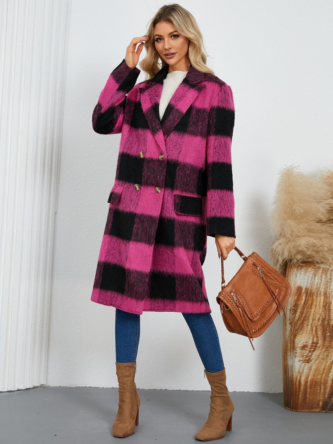 Plaid Double - Breasted Long Sleeve Coat - GirlyBayOuterwearPlaid Double - Breasted Long Sleeve Coat100100617935548SHot PinkGirlyBayPlaid Double - Breasted Long Sleeve Coat