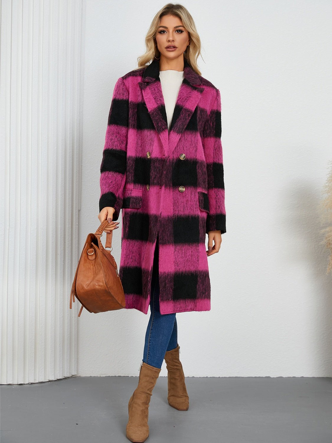 Plaid Double - Breasted Long Sleeve Coat - GirlyBayOuterwearPlaid Double - Breasted Long Sleeve Coat100100617935548SHot PinkGirlyBayPlaid Double - Breasted Long Sleeve Coat