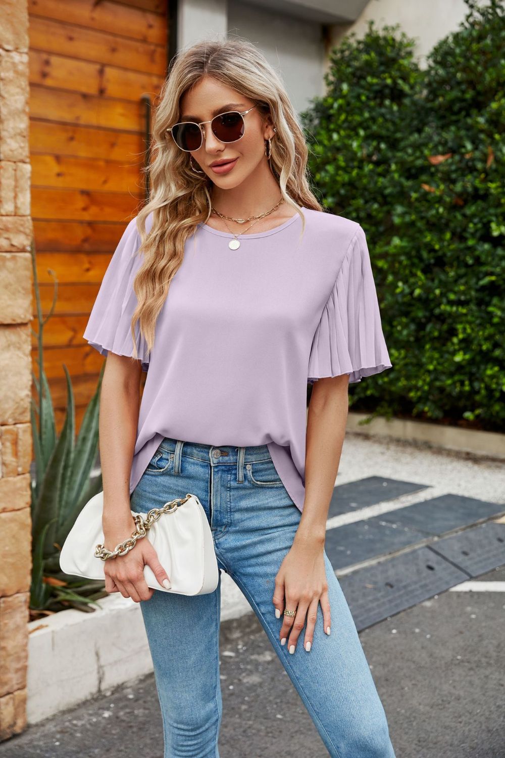 Pleated Flutter Sleeve Round Neck Blouse - GirlyBayPleated Flutter Sleeve Round Neck Blouse100101914652943SBlush PinkGirlyBayPleated Flutter Sleeve Round Neck Blouse