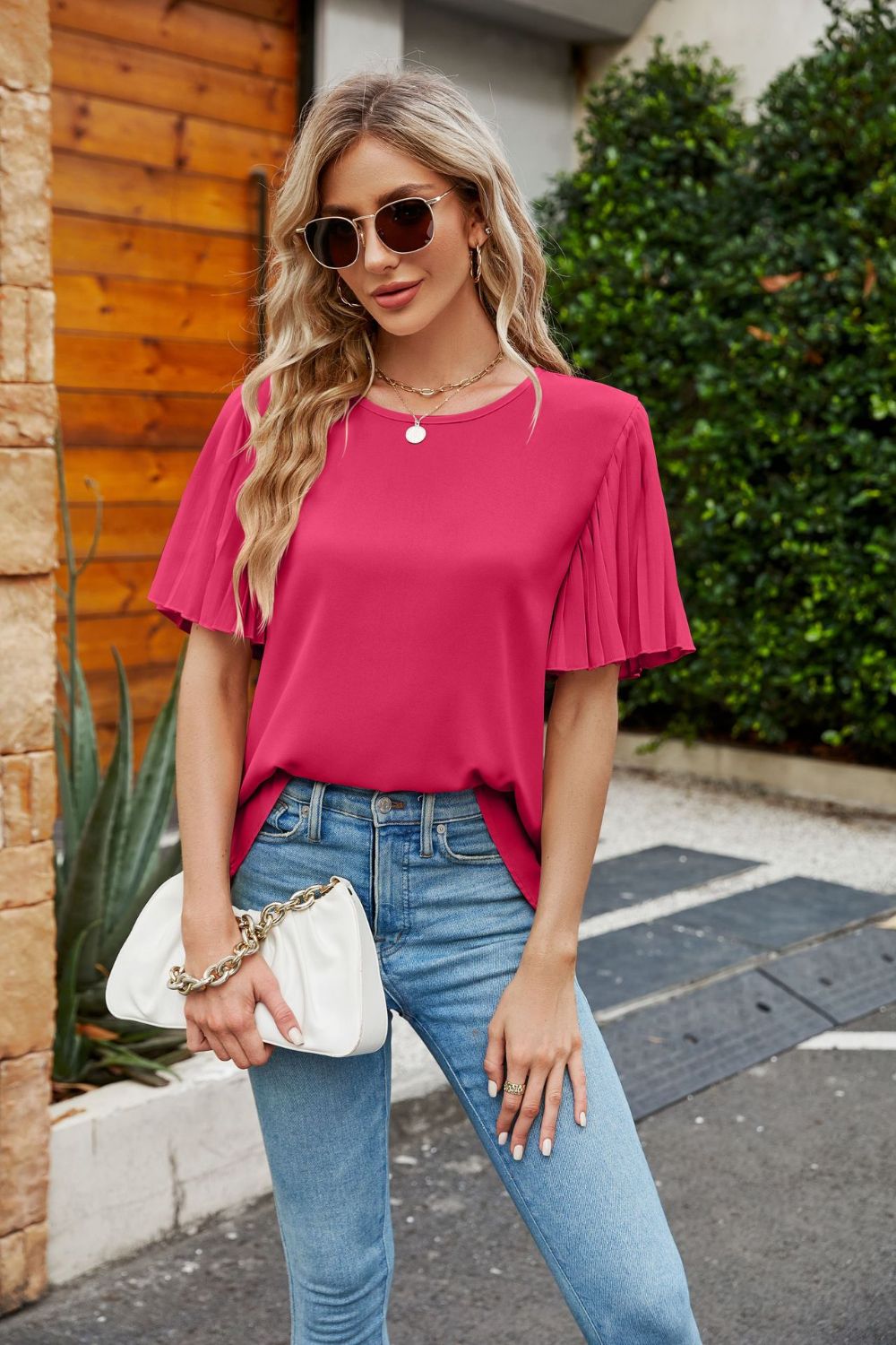 Pleated Flutter Sleeve Round Neck Blouse - GirlyBayPleated Flutter Sleeve Round Neck Blouse100101914652943SBlush PinkGirlyBayPleated Flutter Sleeve Round Neck Blouse