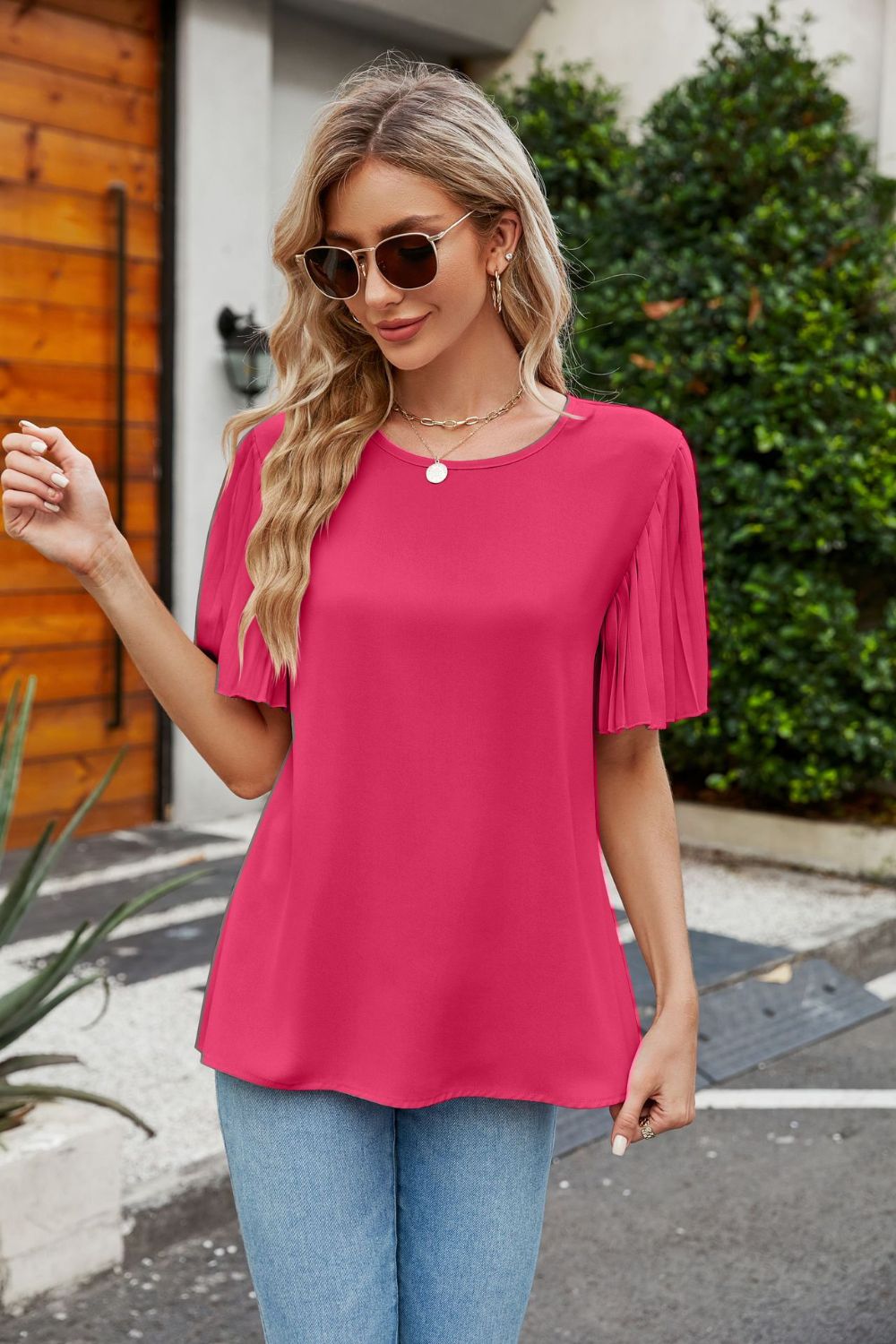 Pleated Flutter Sleeve Round Neck Blouse - GirlyBayPleated Flutter Sleeve Round Neck Blouse100101914652943SBlush PinkGirlyBayPleated Flutter Sleeve Round Neck Blouse