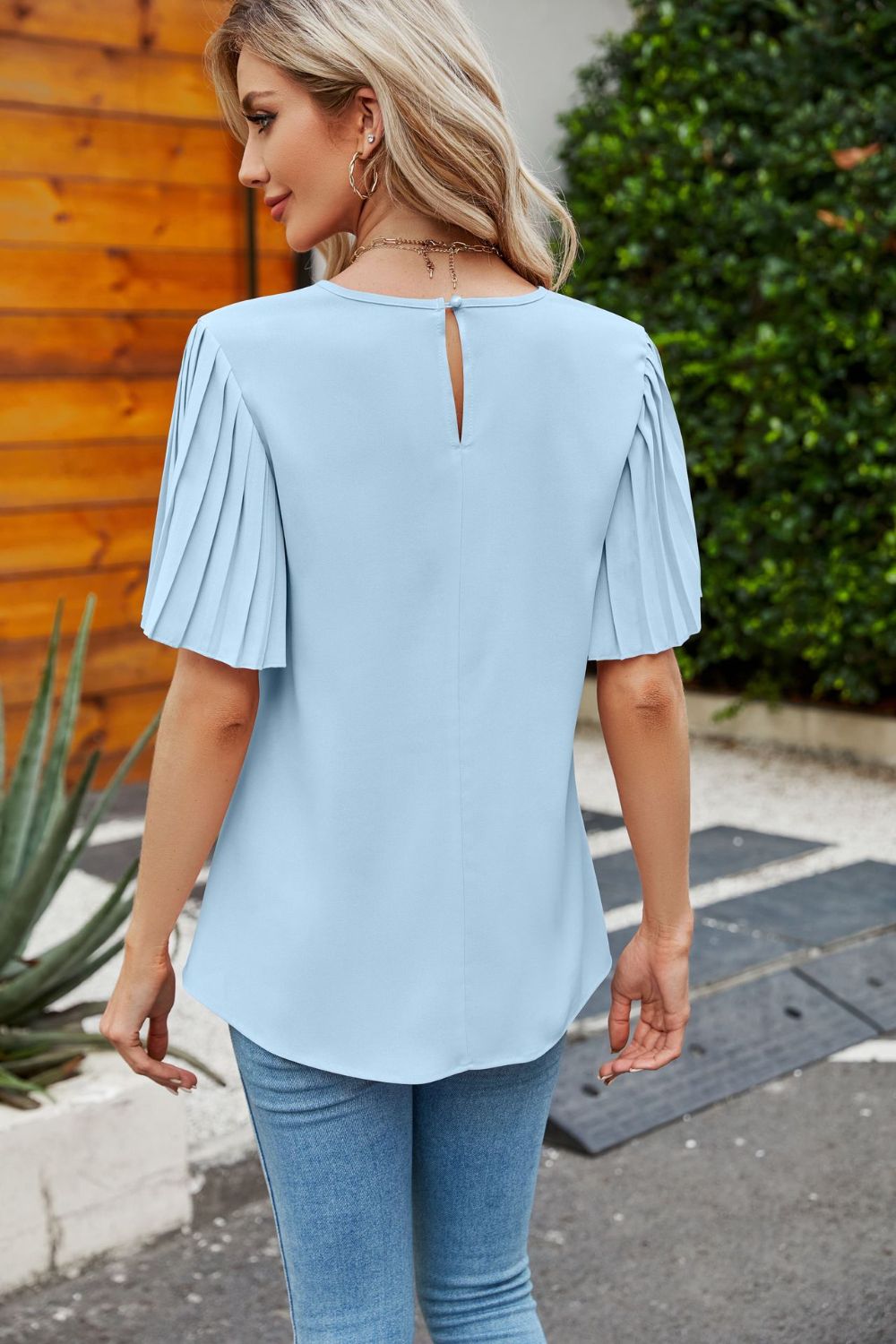 Pleated Flutter Sleeve Round Neck Blouse - GirlyBayPleated Flutter Sleeve Round Neck Blouse100101914652943SBlush PinkGirlyBayPleated Flutter Sleeve Round Neck Blouse