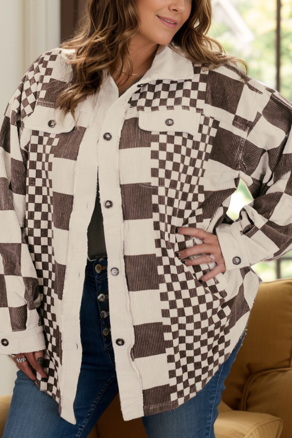 Plus Size Checkered Button Up Long Sleeve Jacket - GirlyBayPlus Size ClothesPlus Size Checkered Button Up Long Sleeve Jacket1001005199816371XLChocolateGirlyBayPlus Size Checkered Button Up Long Sleeve Jacket