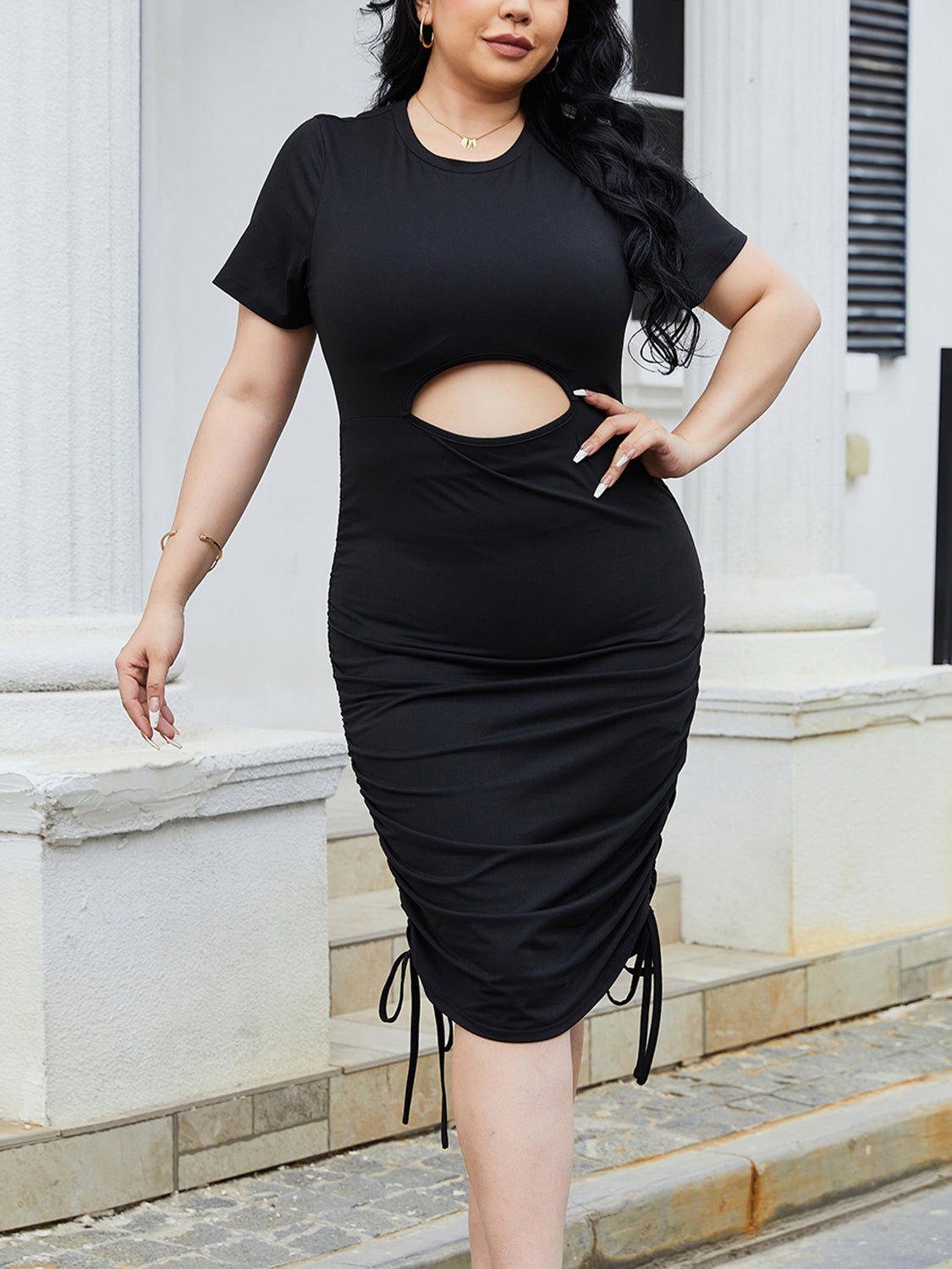Plus Size Cutout Ruched Round Neck Short Sleeve Dress - GirlyBayPlus Size ClothesPlus Size Cutout Ruched Round Neck Short Sleeve Dress1001006702411731XLBlackGirlyBayPlus Size Cutout Ruched Round Neck Short Sleeve Dress