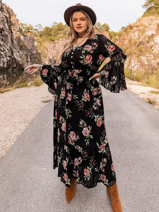 Plus Size Floral Flare Sleeve Dress - GirlyBayPlus Size Floral Flare Sleeve Dress1001019574318700XLBlackGirlyBayPlus Size Floral Flare Sleeve Dress