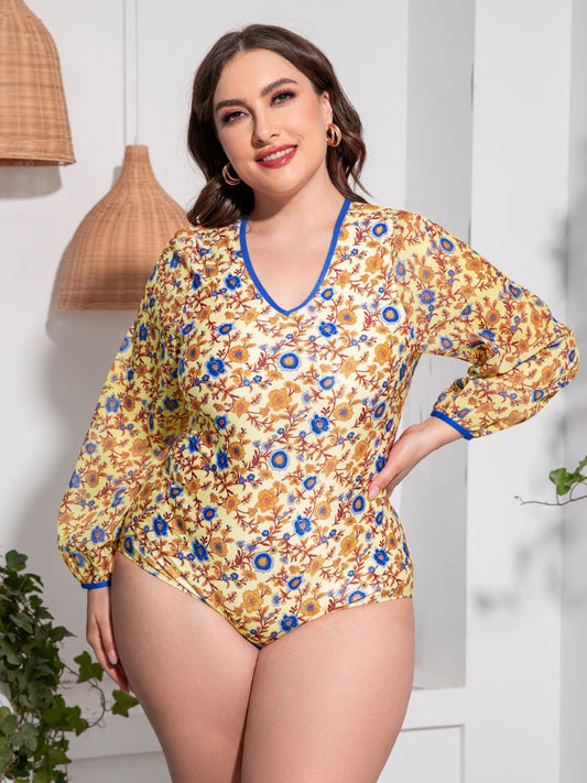 Plus Size Floral Open Back Long Sleeve One-Piece SwimsuitSwimwear One piecesTrendsiGirlyBay100100089574081Gold2XLRoman