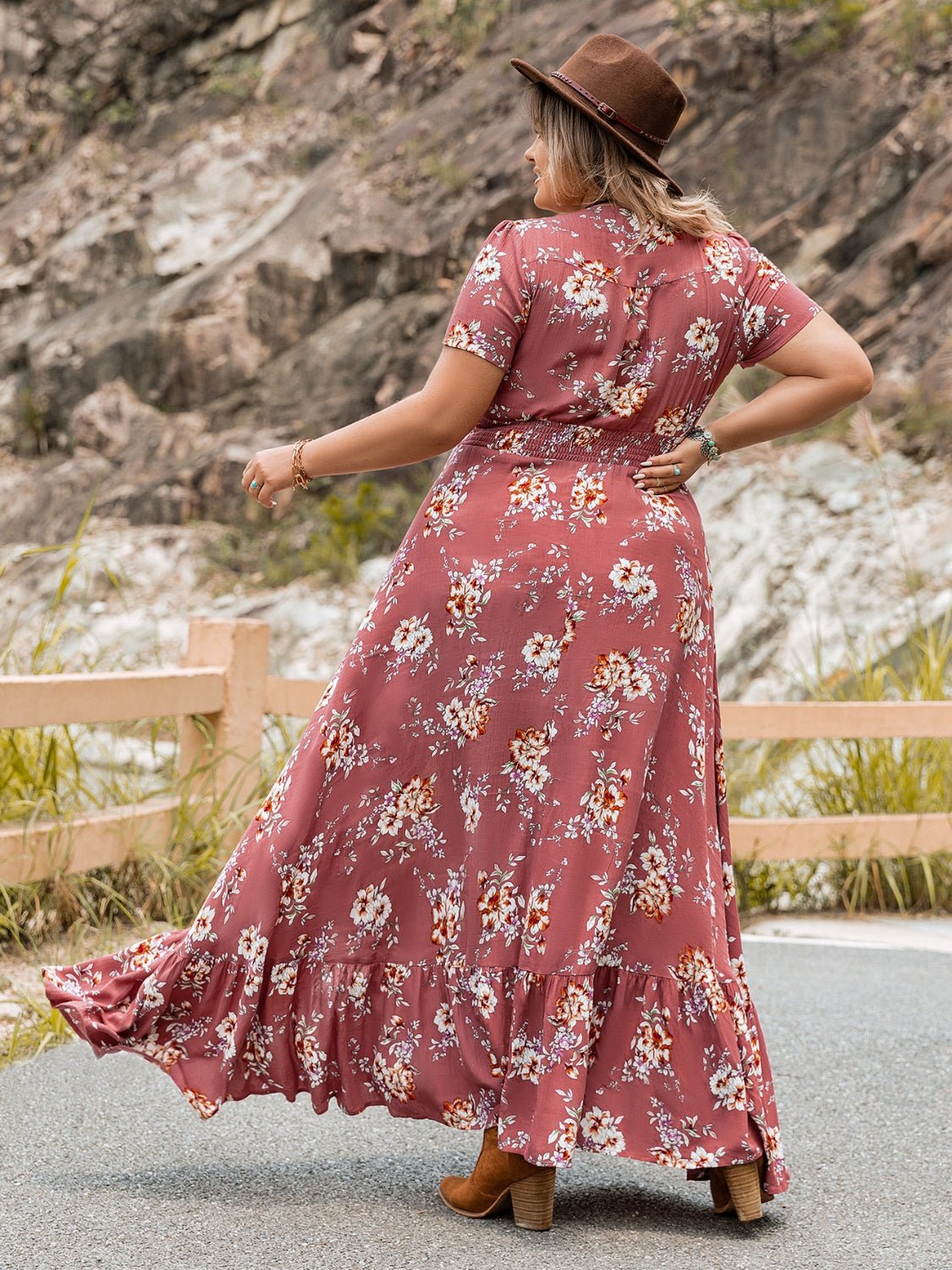 Plus Size Floral Slit Ruffle Hem Dress - GirlyBayMaxi DressesPlus Size Floral Slit Ruffle Hem Dress1001019411639740XLBurnt CoralGirlyBayPlus Size Floral Slit Ruffle Hem Dress