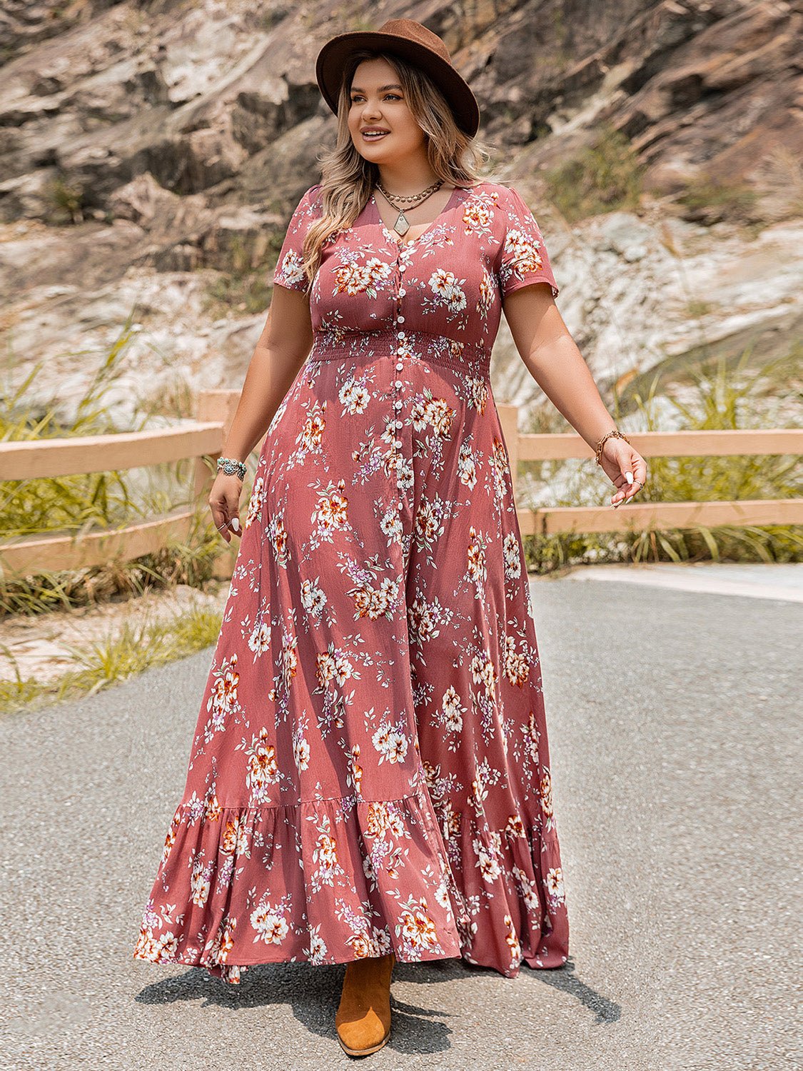 Plus Size Floral Slit Ruffle Hem Dress - GirlyBayMaxi DressesPlus Size Floral Slit Ruffle Hem Dress1001019411639740XLBurnt CoralGirlyBayPlus Size Floral Slit Ruffle Hem Dress