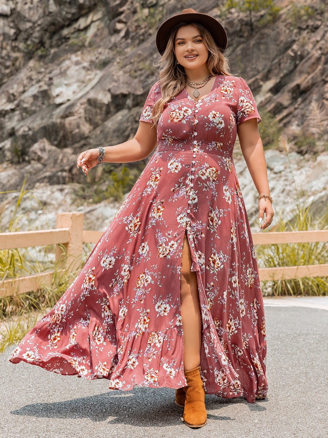 Plus Size Floral Slit Ruffle Hem Dress - GirlyBayMaxi DressesPlus Size Floral Slit Ruffle Hem Dress1001019411639740XLBurnt CoralGirlyBayPlus Size Floral Slit Ruffle Hem Dress