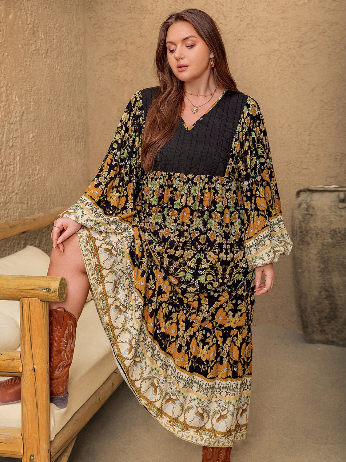 Plus Size Floral V - Neck Balloon Sleeve Midi Dress - GirlyBayPlus Size ClothesPlus Size Floral V - Neck Balloon Sleeve Midi Dress1001009211317020XLMulticolorGirlyBayPlus Size Floral V - Neck Balloon Sleeve Midi Dress