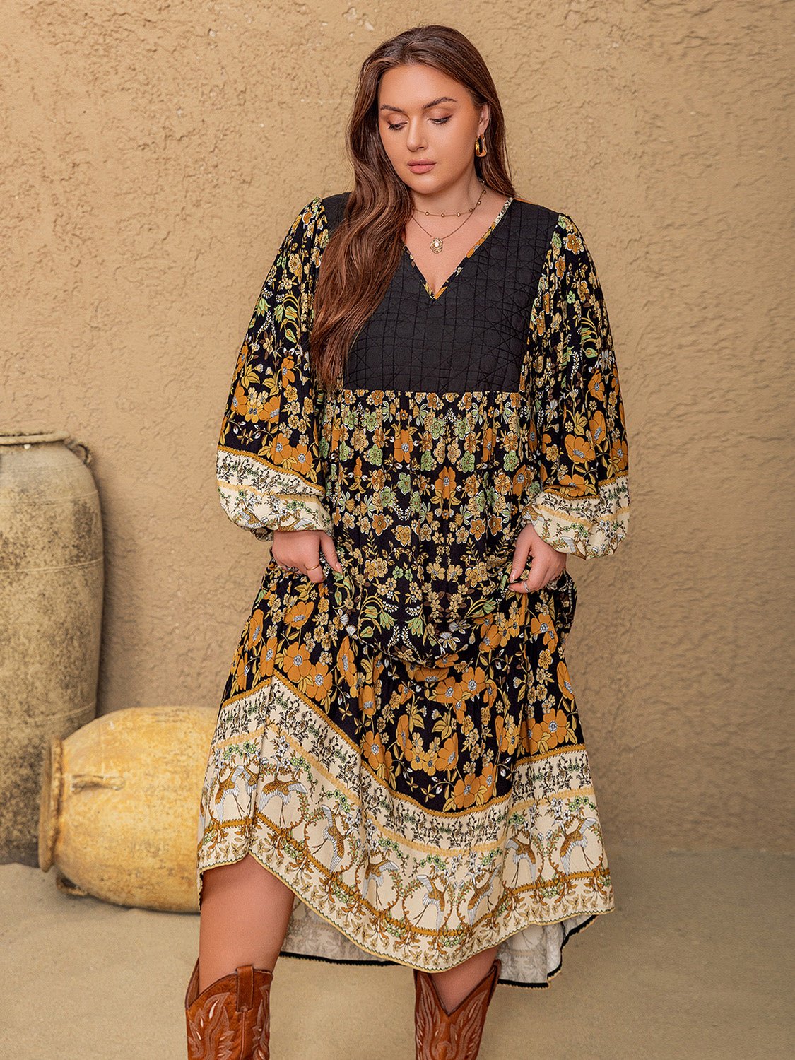 Plus Size Floral V - Neck Balloon Sleeve Midi Dress - GirlyBayPlus Size ClothesPlus Size Floral V - Neck Balloon Sleeve Midi Dress1001009211317020XLMulticolorGirlyBayPlus Size Floral V - Neck Balloon Sleeve Midi Dress