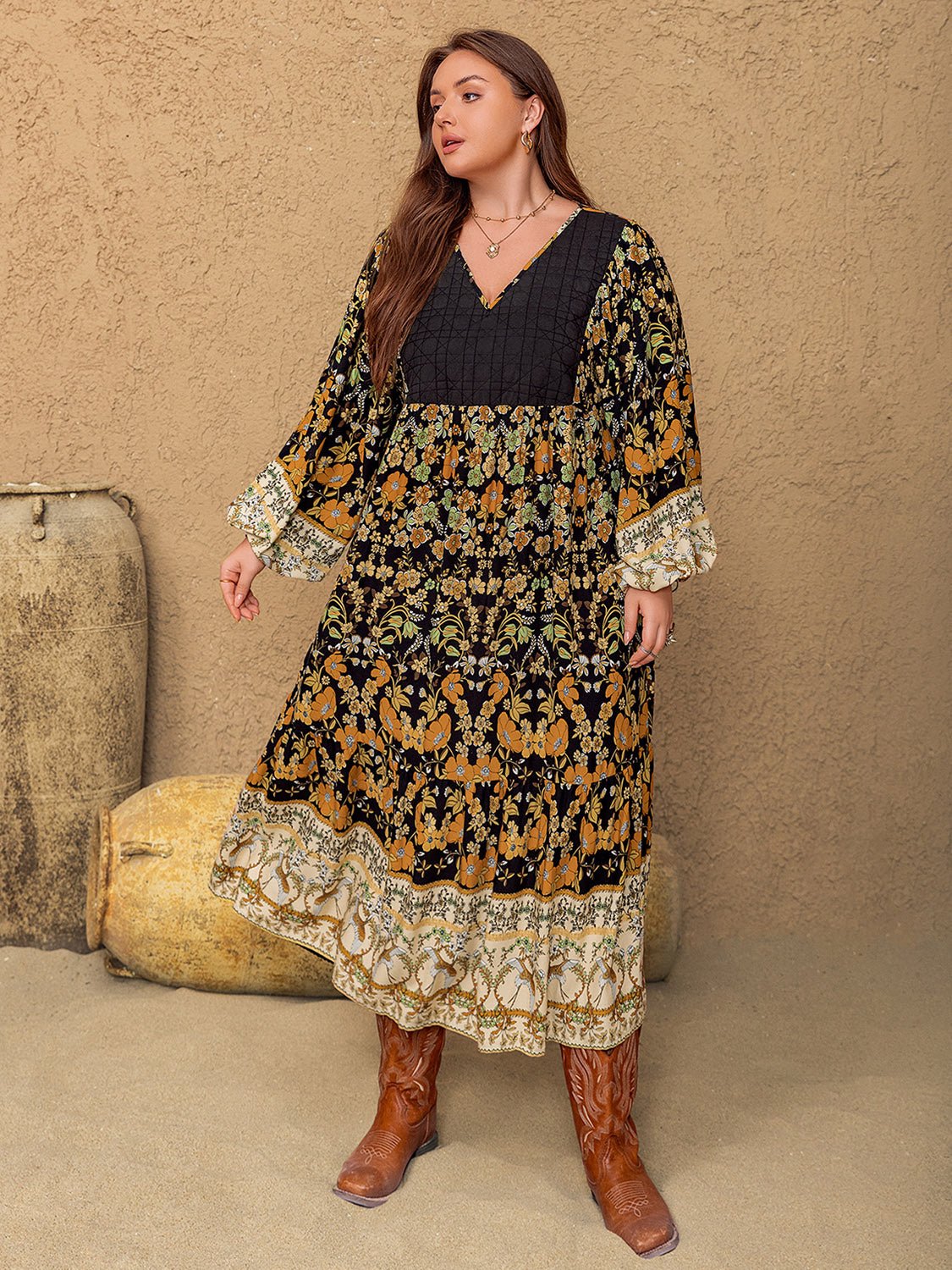 Plus Size Floral V - Neck Balloon Sleeve Midi Dress - GirlyBayPlus Size ClothesPlus Size Floral V - Neck Balloon Sleeve Midi Dress1001009211317020XLMulticolorGirlyBayPlus Size Floral V - Neck Balloon Sleeve Midi Dress