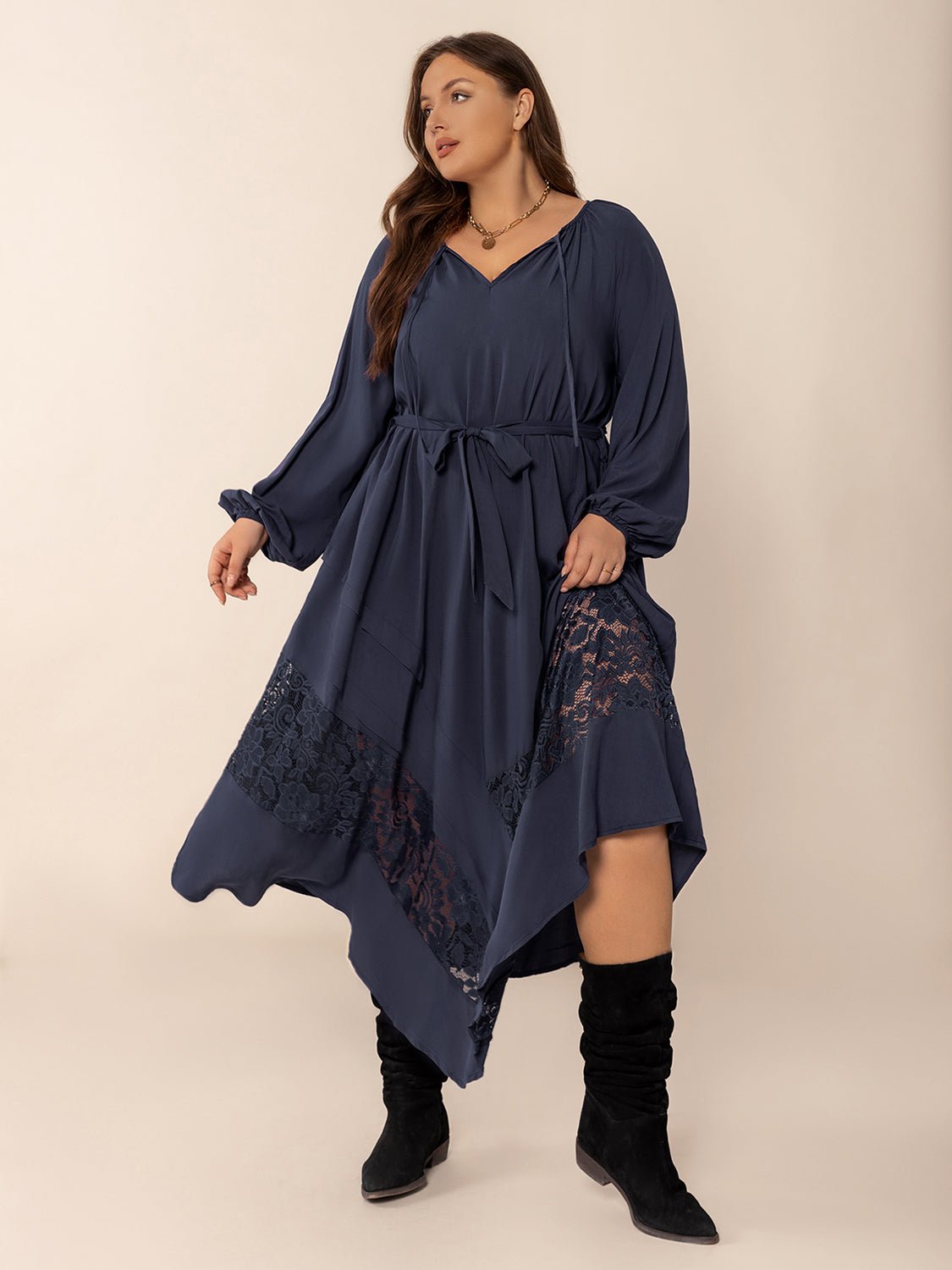 Plus Size Lace Detail Tie Neck Long Sleeve Midi Dress - GirlyBayPlus Size ClothesPlus Size Lace Detail Tie Neck Long Sleeve Midi Dress1001004156219360XLDark NavyGirlyBayPlus Size Lace Detail Tie Neck Long Sleeve Midi Dress