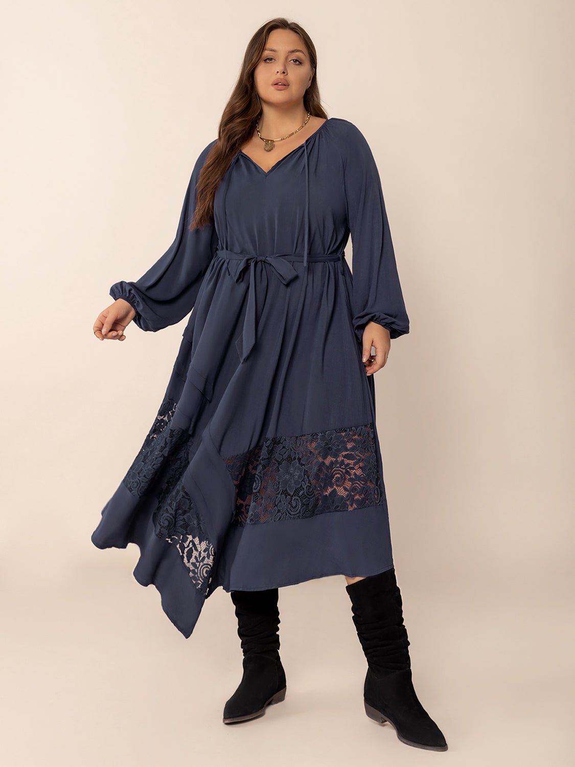 Plus Size Lace Detail Tie Neck Long Sleeve Midi Dress - GirlyBayPlus Size ClothesPlus Size Lace Detail Tie Neck Long Sleeve Midi Dress1001004156219360XLDark NavyGirlyBayPlus Size Lace Detail Tie Neck Long Sleeve Midi Dress