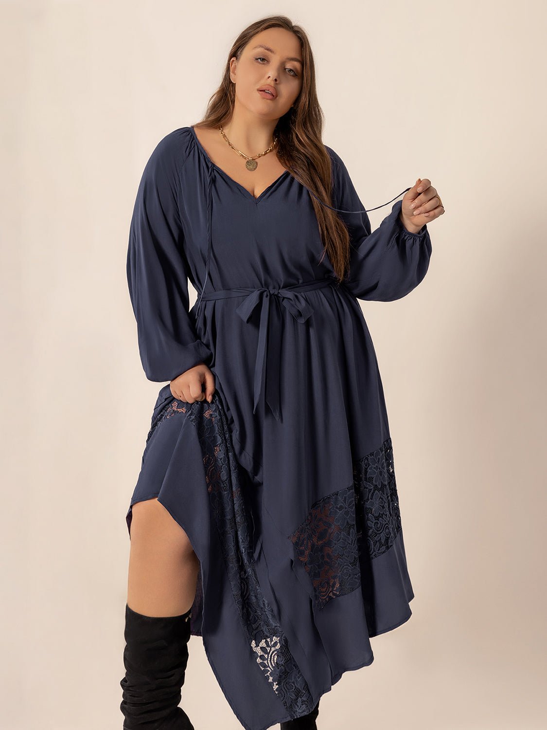 Plus Size Lace Detail Tie Neck Long Sleeve Midi Dress - GirlyBayPlus Size ClothesPlus Size Lace Detail Tie Neck Long Sleeve Midi Dress1001004156219360XLDark NavyGirlyBayPlus Size Lace Detail Tie Neck Long Sleeve Midi Dress