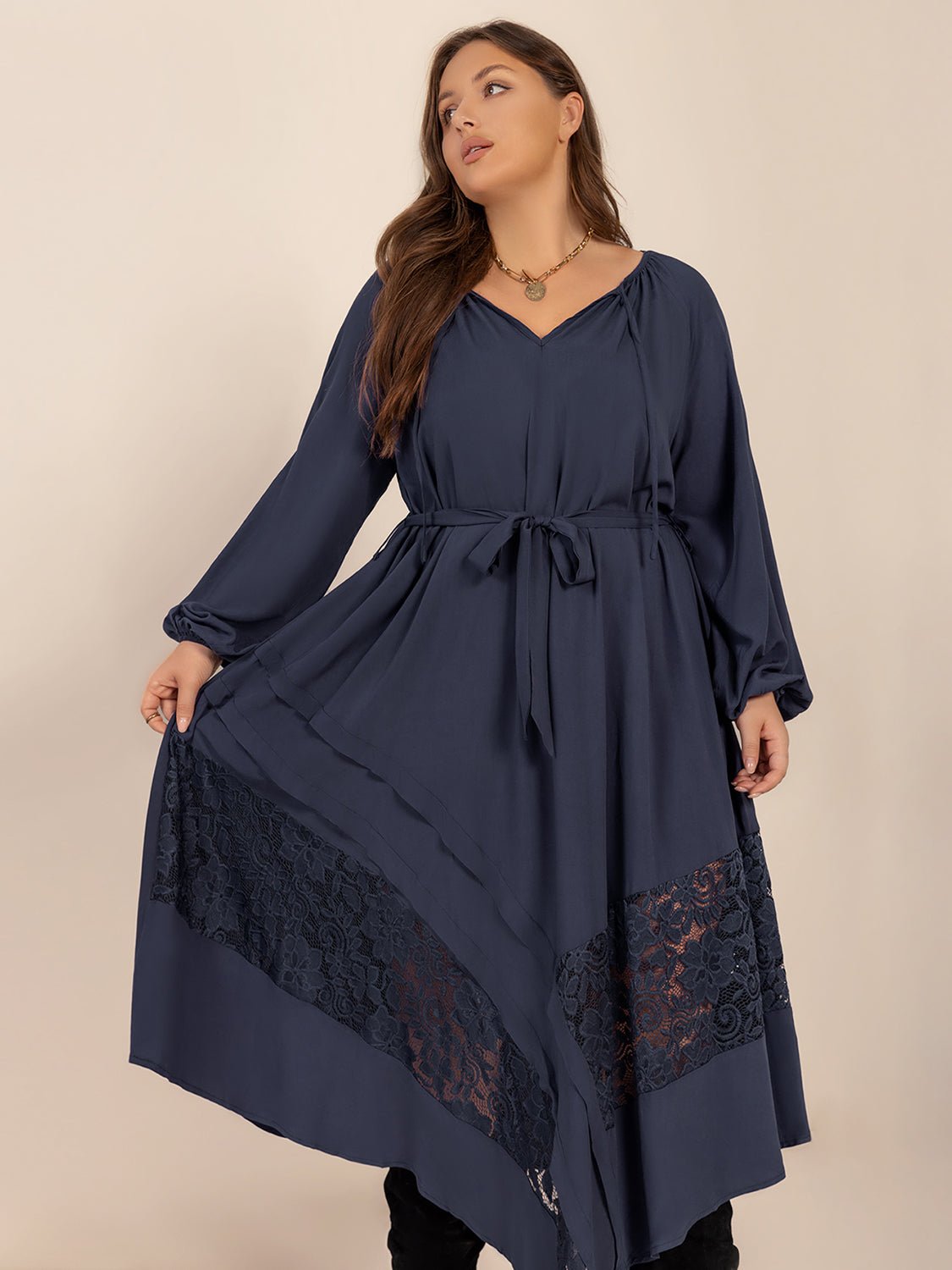 Plus Size Lace Detail Tie Neck Long Sleeve Midi Dress - GirlyBayPlus Size ClothesPlus Size Lace Detail Tie Neck Long Sleeve Midi Dress1001004156219360XLDark NavyGirlyBayPlus Size Lace Detail Tie Neck Long Sleeve Midi Dress