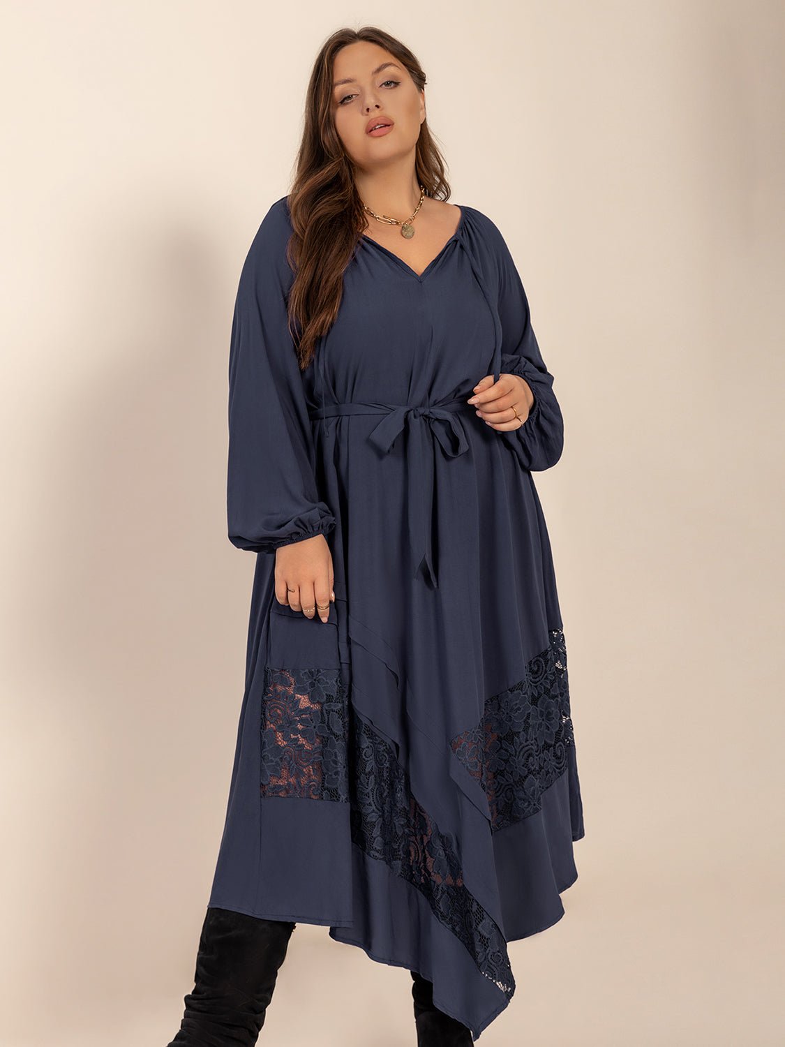 Plus Size Lace Detail Tie Neck Long Sleeve Midi Dress - GirlyBayPlus Size ClothesPlus Size Lace Detail Tie Neck Long Sleeve Midi Dress1001004156219360XLDark NavyGirlyBayPlus Size Lace Detail Tie Neck Long Sleeve Midi Dress