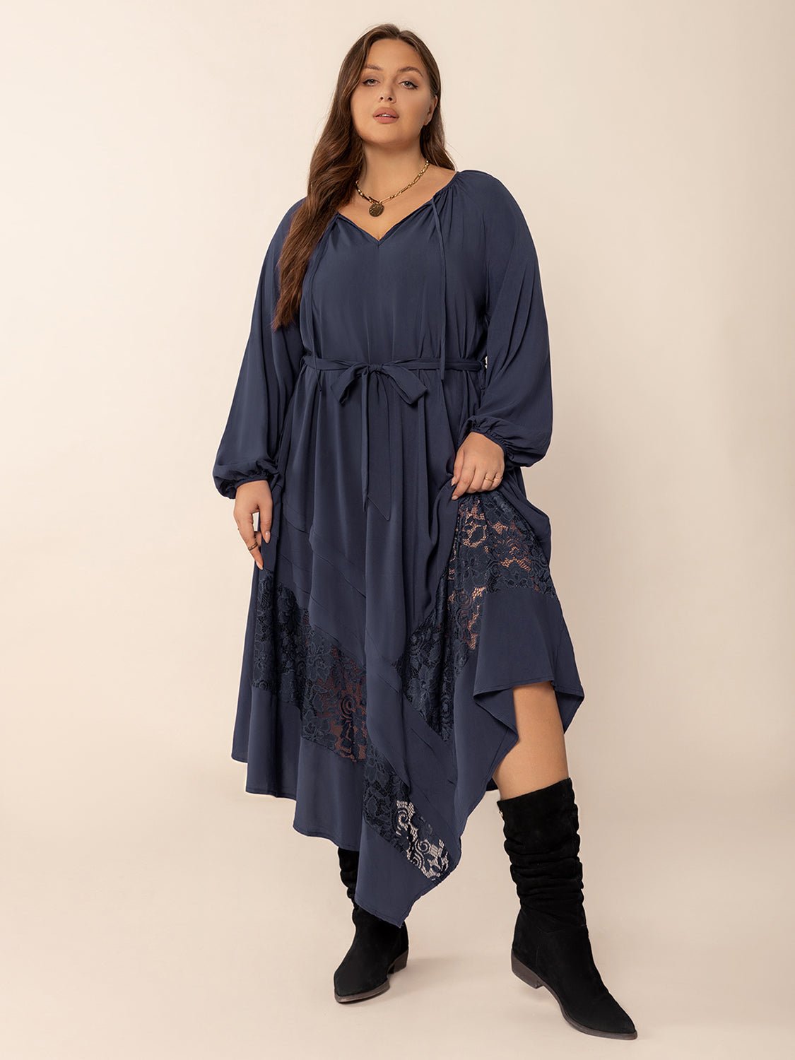 Plus Size Lace Detail Tie Neck Long Sleeve Midi Dress - GirlyBayPlus Size ClothesPlus Size Lace Detail Tie Neck Long Sleeve Midi Dress1001004156219360XLDark NavyGirlyBayPlus Size Lace Detail Tie Neck Long Sleeve Midi Dress