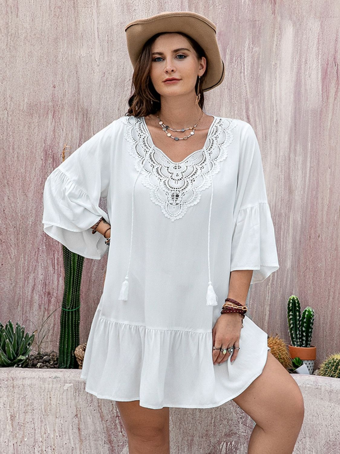 Plus Size Lace Detail Tie Neck Three - Quarter Sleeve Mini Dress - GirlyBayPlus Size ClothesPlus Size Lace Detail Tie Neck Three - Quarter Sleeve Mini Dress1001008178413650XLWhiteGirlyBayPlus Size Lace Detail Tie Neck Three - Quarter Sleeve Mini Dress