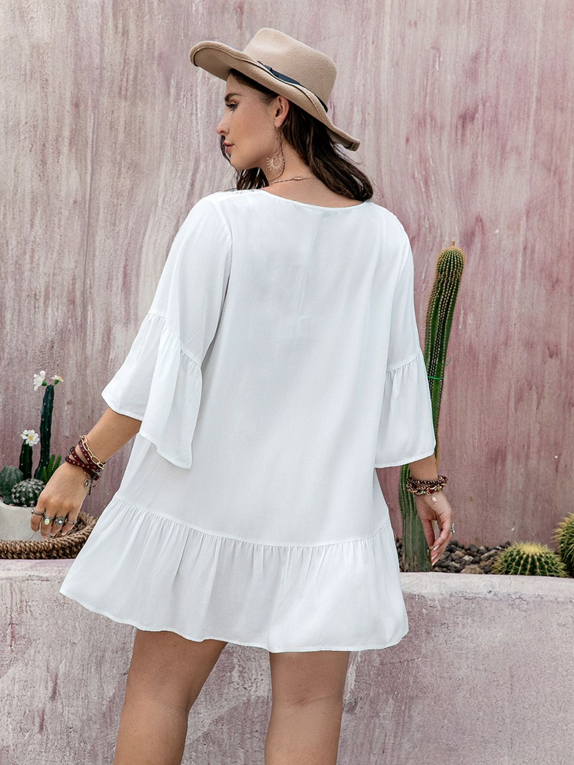 Plus Size Lace Detail Tie Neck Three - Quarter Sleeve Mini Dress - GirlyBayPlus Size ClothesPlus Size Lace Detail Tie Neck Three - Quarter Sleeve Mini Dress1001008178413650XLWhiteGirlyBayPlus Size Lace Detail Tie Neck Three - Quarter Sleeve Mini Dress
