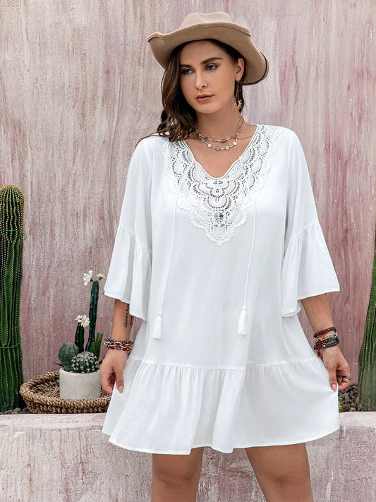 Plus Size Lace Detail Tie Neck Three - Quarter Sleeve Mini Dress - GirlyBayPlus Size ClothesPlus Size Lace Detail Tie Neck Three - Quarter Sleeve Mini Dress1001008178413650XLWhiteGirlyBayPlus Size Lace Detail Tie Neck Three - Quarter Sleeve Mini Dress