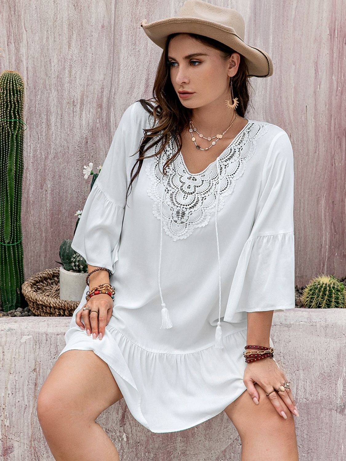 Plus Size Lace Detail Tie Neck Three - Quarter Sleeve Mini Dress - GirlyBayPlus Size ClothesPlus Size Lace Detail Tie Neck Three - Quarter Sleeve Mini Dress1001008178413650XLWhiteGirlyBayPlus Size Lace Detail Tie Neck Three - Quarter Sleeve Mini Dress