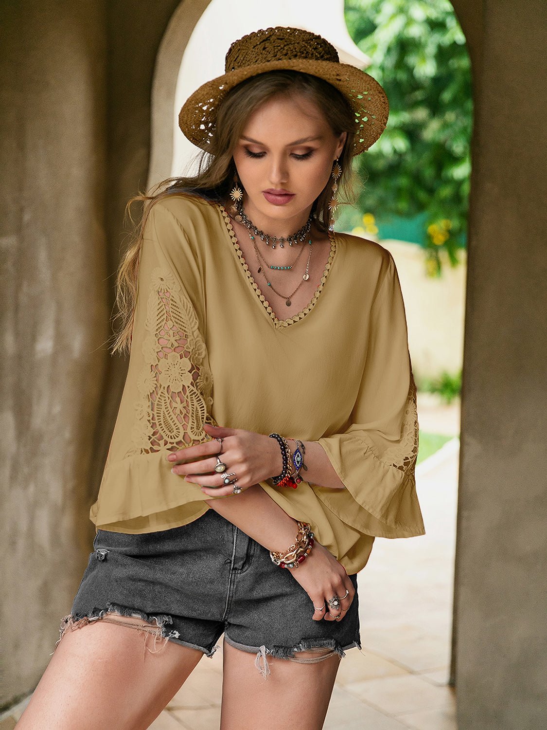 Plus Size Lace Detail V - Neck Flounce Sleeve Blouse - GirlyBayPlus Size ClothesPlus Size Lace Detail V - Neck Flounce Sleeve Blouse1001003035618770XLCamelGirlyBayPlus Size Lace Detail V - Neck Flounce Sleeve Blouse