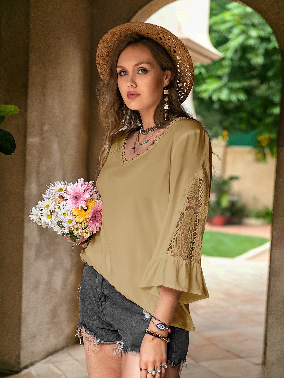 Plus Size Lace Detail V - Neck Flounce Sleeve Blouse - GirlyBayPlus Size ClothesPlus Size Lace Detail V - Neck Flounce Sleeve Blouse1001003035618770XLCamelGirlyBayPlus Size Lace Detail V - Neck Flounce Sleeve Blouse