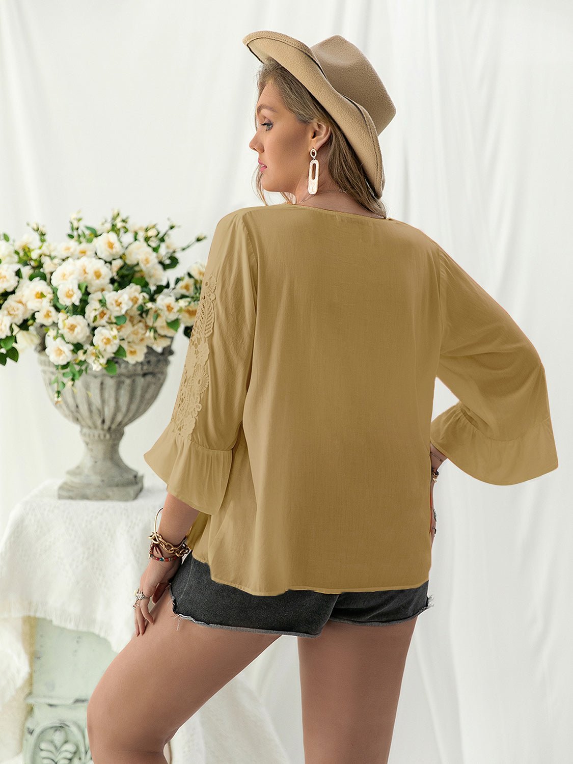 Plus Size Lace Detail V - Neck Flounce Sleeve Blouse - GirlyBayPlus Size ClothesPlus Size Lace Detail V - Neck Flounce Sleeve Blouse1001003035618770XLCamelGirlyBayPlus Size Lace Detail V - Neck Flounce Sleeve Blouse