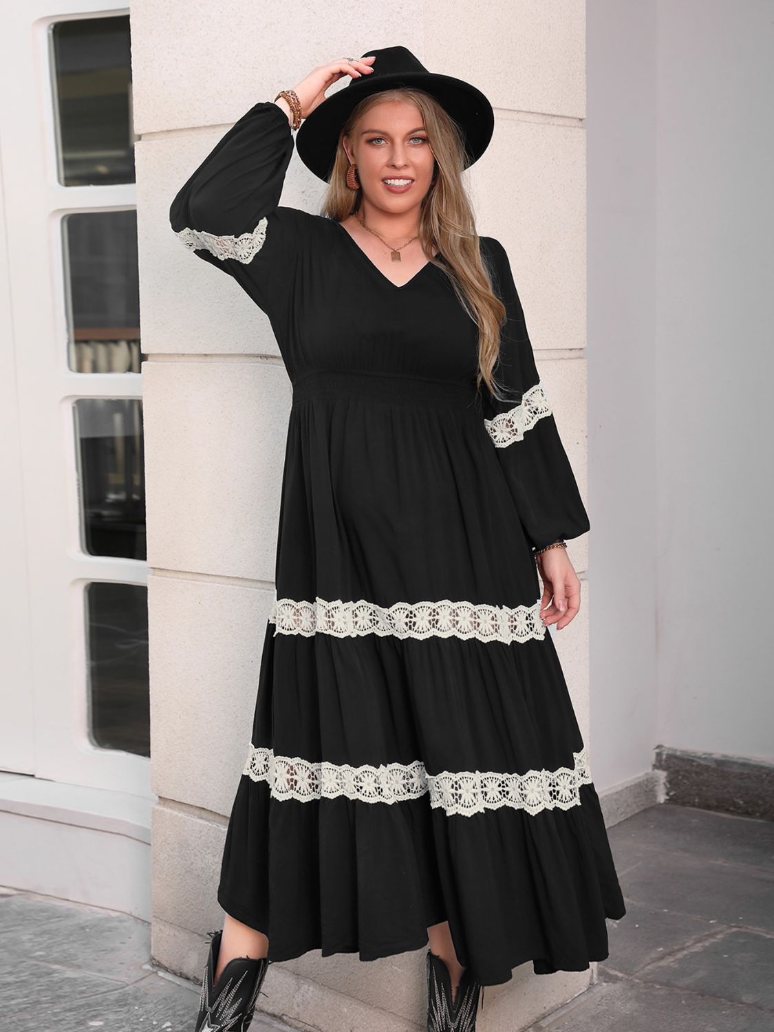 Plus Size Lace Detail V - Neck Long Sleeve Midi Dress - GirlyBayPlus Size ClothesPlus Size Lace Detail V - Neck Long Sleeve Midi Dress1001006283818660XLBlackGirlyBayPlus Size Lace Detail V - Neck Long Sleeve Midi Dress