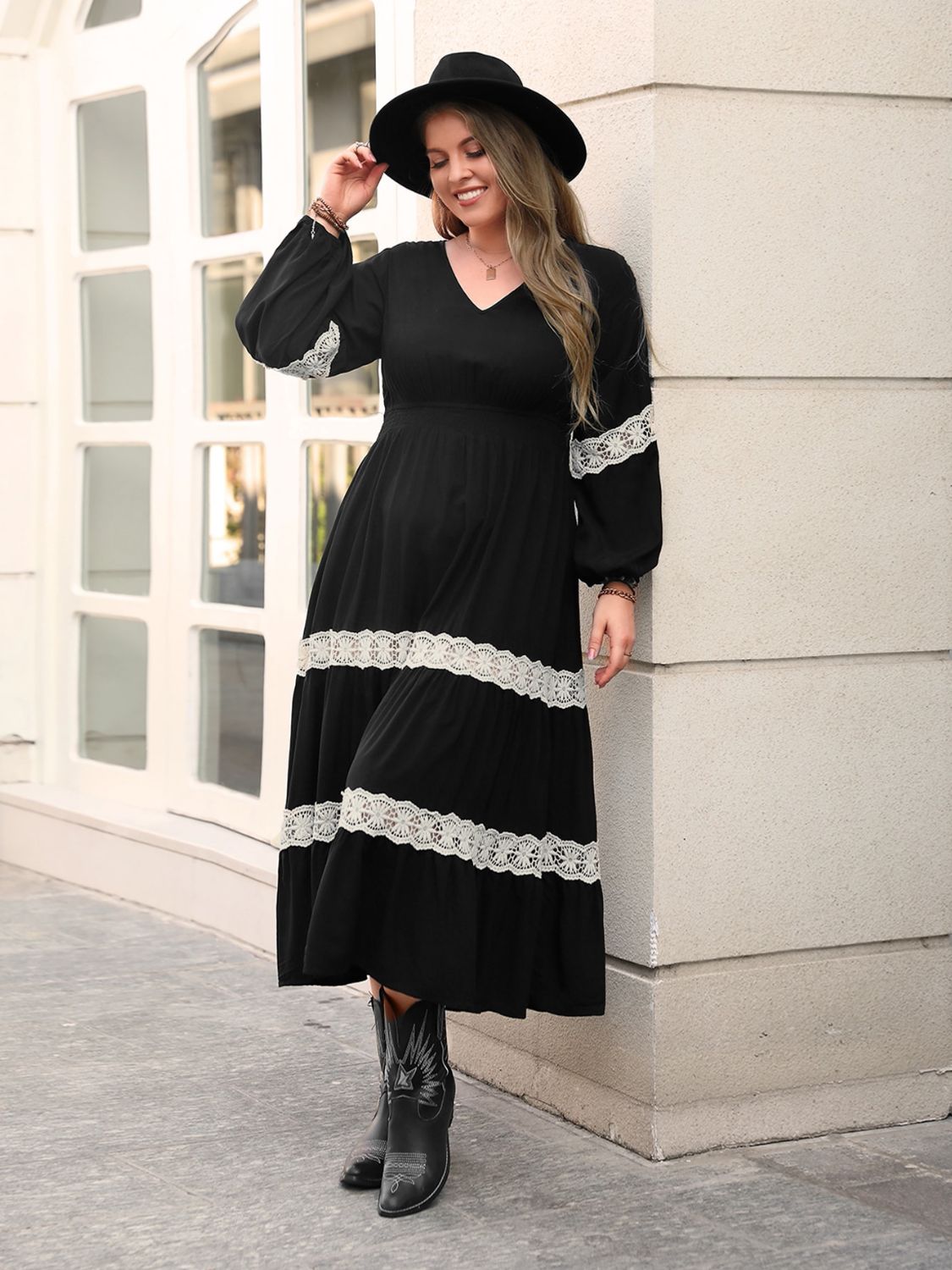 Plus Size Lace Detail V - Neck Long Sleeve Midi Dress - GirlyBayPlus Size ClothesPlus Size Lace Detail V - Neck Long Sleeve Midi Dress1001006283818660XLBlackGirlyBayPlus Size Lace Detail V - Neck Long Sleeve Midi Dress