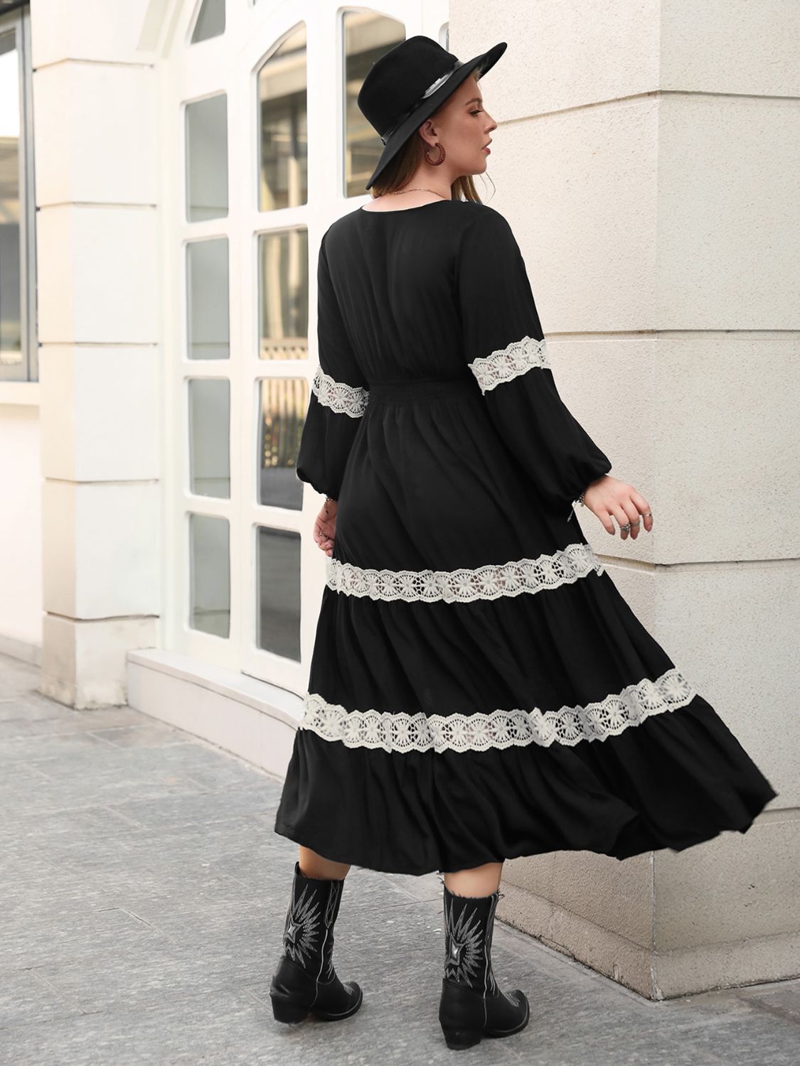 Plus Size Lace Detail V - Neck Long Sleeve Midi Dress - GirlyBayPlus Size ClothesPlus Size Lace Detail V - Neck Long Sleeve Midi Dress1001006283818660XLBlackGirlyBayPlus Size Lace Detail V - Neck Long Sleeve Midi Dress