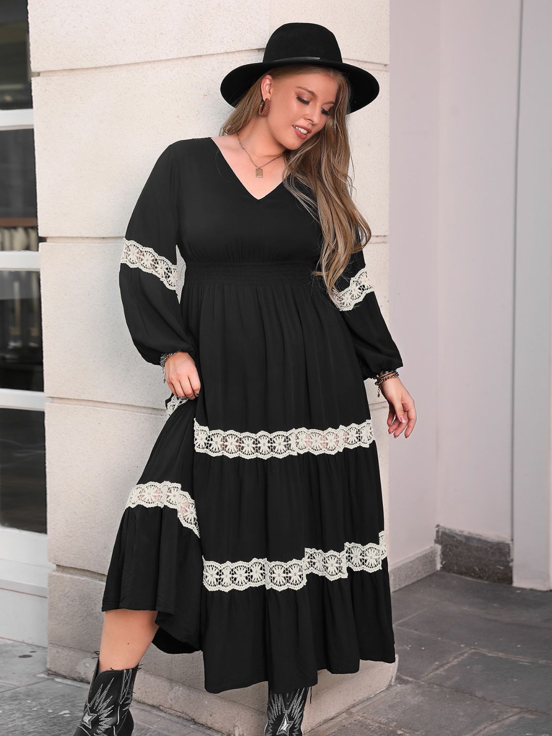 Plus Size Lace Detail V - Neck Long Sleeve Midi Dress - GirlyBayPlus Size ClothesPlus Size Lace Detail V - Neck Long Sleeve Midi Dress1001006283818660XLBlackGirlyBayPlus Size Lace Detail V - Neck Long Sleeve Midi Dress