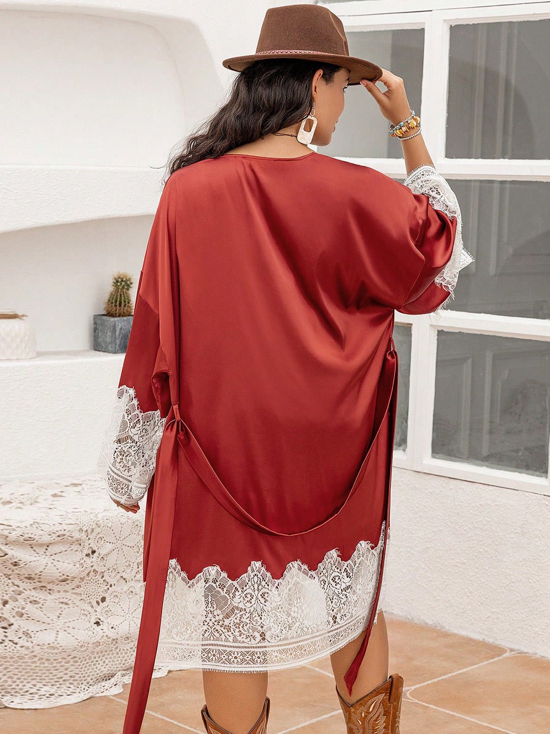 Plus Size Lace Patchwork Tie Front Robe - GirlyBayLoungewear & UnderwearPlus Size Lace Patchwork Tie Front Robe1011005550205090XLRustGirlyBayPlus Size Lace Patchwork Tie Front Robe