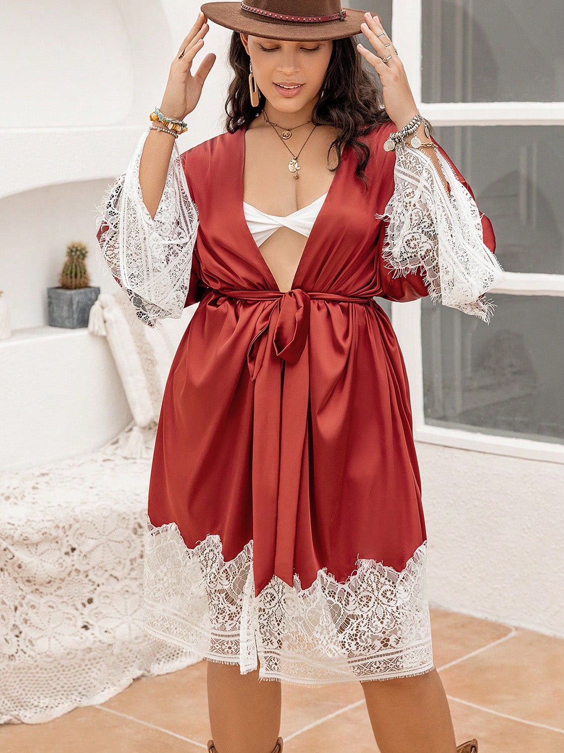 Plus Size Lace Patchwork Tie Front Robe - GirlyBayLoungewear & UnderwearPlus Size Lace Patchwork Tie Front Robe1011005550205090XLRustGirlyBayPlus Size Lace Patchwork Tie Front Robe