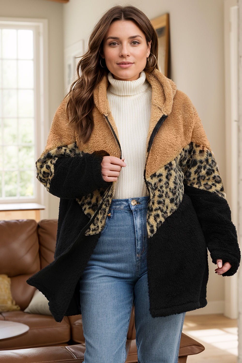 Plus Size Leopard Zip Up Hooded Outerwear - GirlyBayPlus Size ClothesPlus Size Leopard Zip Up Hooded Outerwear1001007441979971XLCamelGirlyBayPlus Size Leopard Zip Up Hooded Outerwear