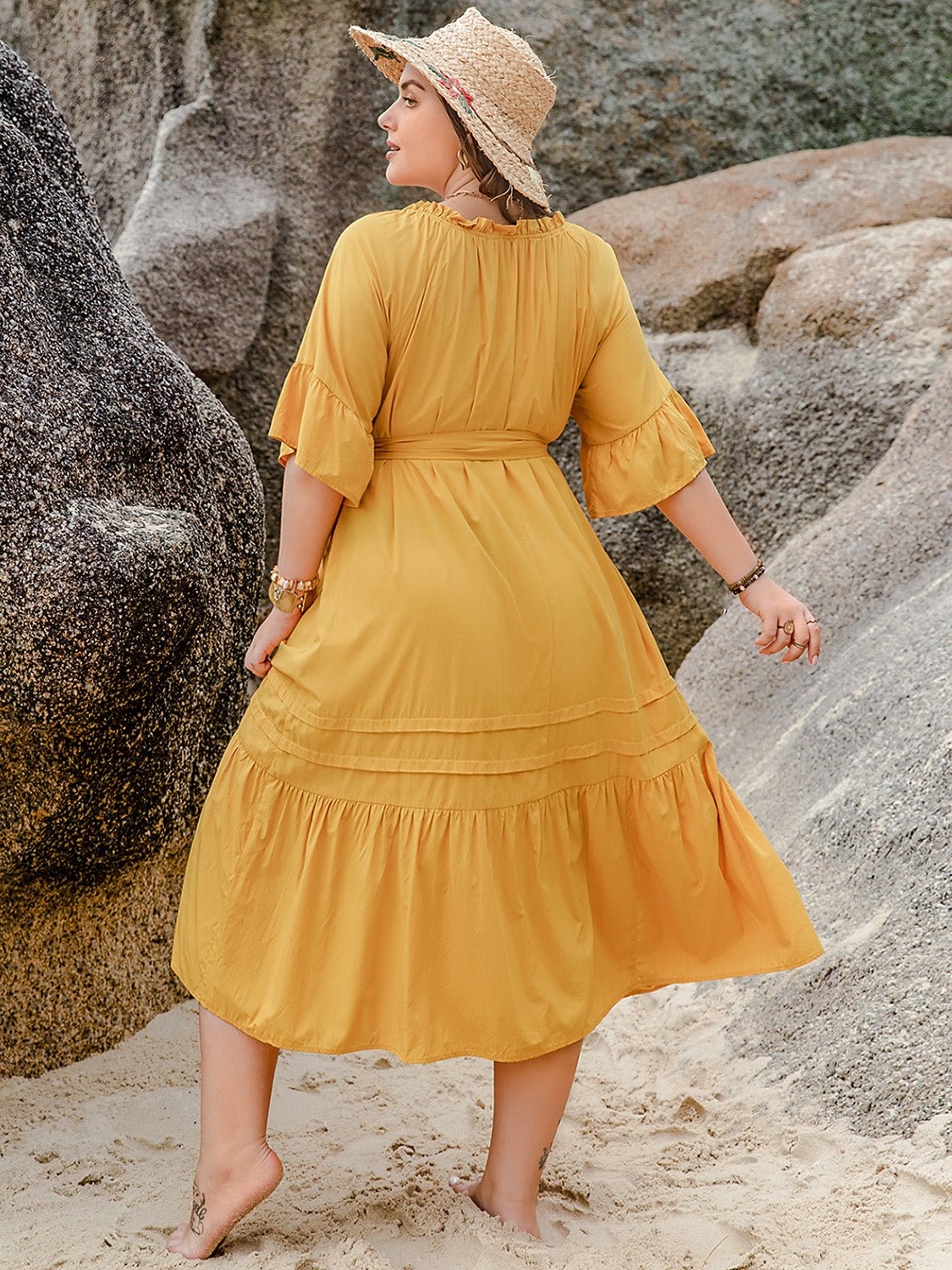 Plus Size Notched Tie Waist Half Sleeve Midi Dress - GirlyBayPlus Size ClothesPlus Size Notched Tie Waist Half Sleeve Midi Dress1001000140917040XLGoldGirlyBayPlus Size Notched Tie Waist Half Sleeve Midi Dress