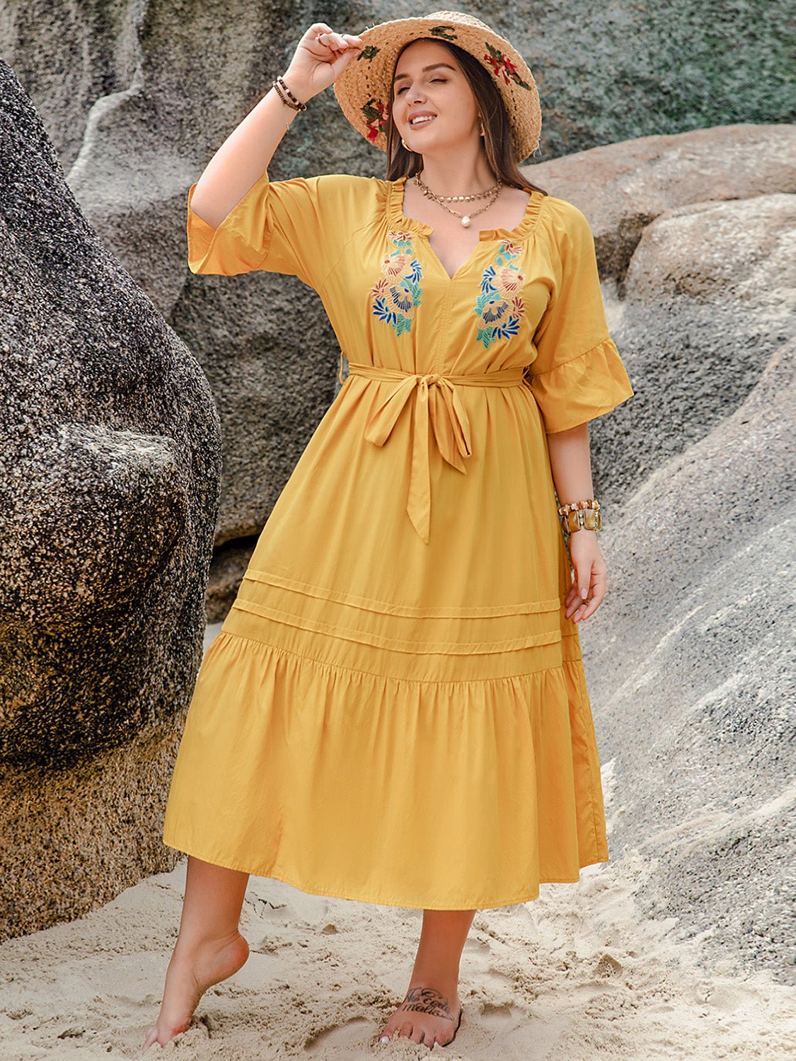 Plus Size Notched Tie Waist Half Sleeve Midi Dress - GirlyBayPlus Size ClothesPlus Size Notched Tie Waist Half Sleeve Midi Dress1001000140917040XLGoldGirlyBayPlus Size Notched Tie Waist Half Sleeve Midi Dress