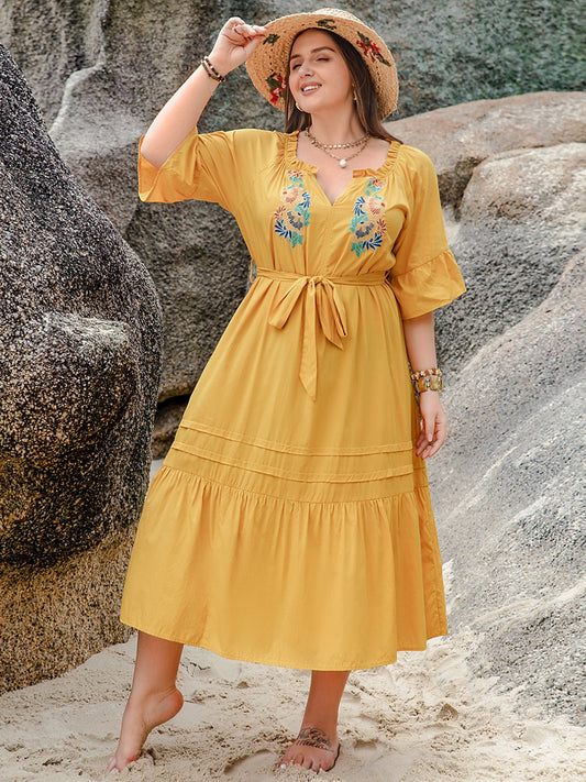 Plus Size Notched Tie Waist Half Sleeve Midi Dress - GirlyBayPlus Size ClothesPlus Size Notched Tie Waist Half Sleeve Midi Dress1001000140917040XLGoldGirlyBayPlus Size Notched Tie Waist Half Sleeve Midi Dress