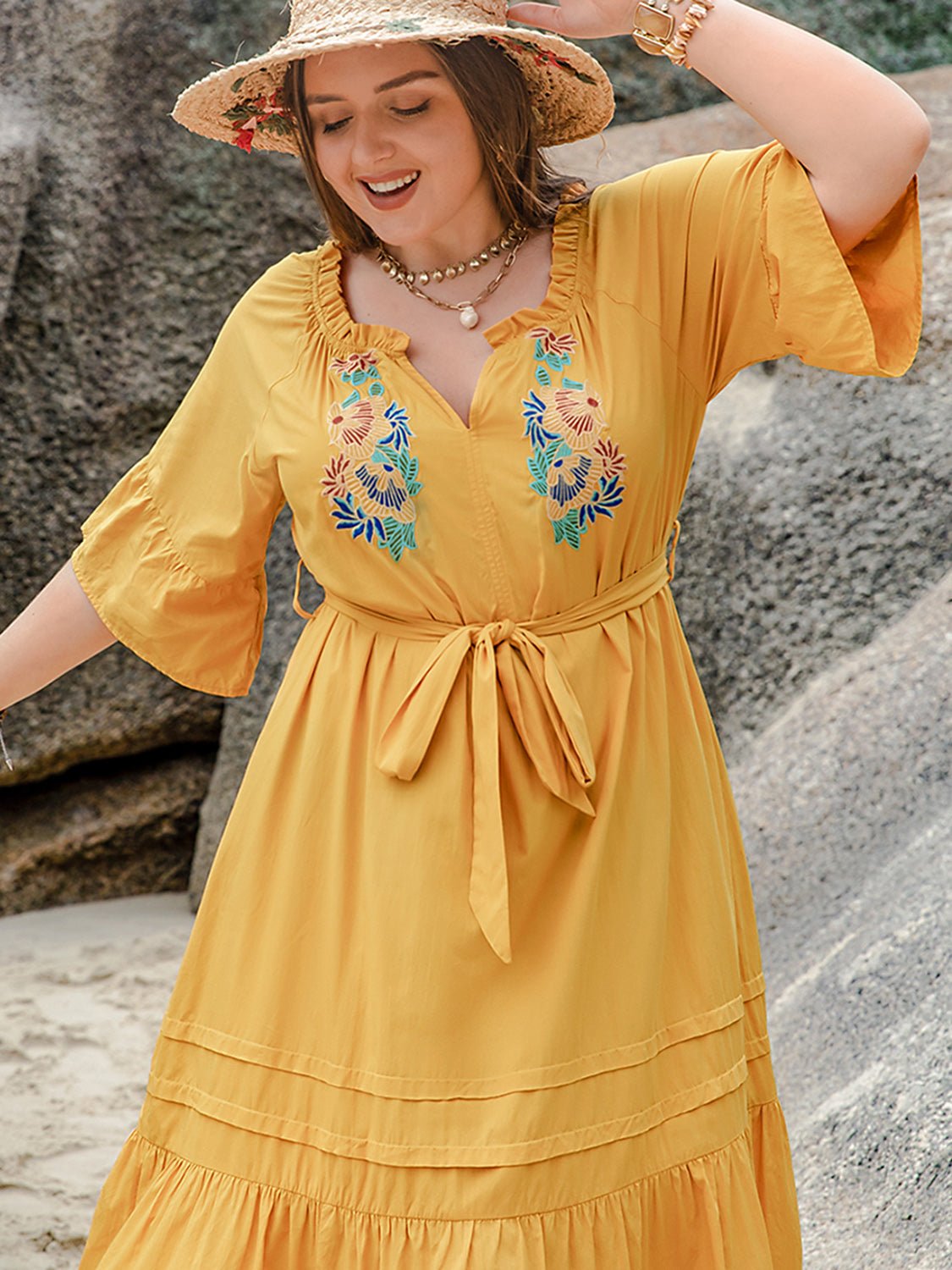 Plus Size Notched Tie Waist Half Sleeve Midi Dress - GirlyBayPlus Size ClothesPlus Size Notched Tie Waist Half Sleeve Midi Dress1001000140917040XLGoldGirlyBayPlus Size Notched Tie Waist Half Sleeve Midi Dress