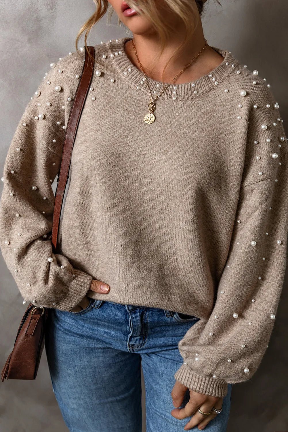 Plus Size Pearl Detail Round Neck Long Sleeve Sweater - GirlyBayPlus Size Pearl Detail Round Neck Long Sleeve Sweater1001005774315141XLDust StormGirlyBayPlus Size Pearl Detail Round Neck Long Sleeve Sweater