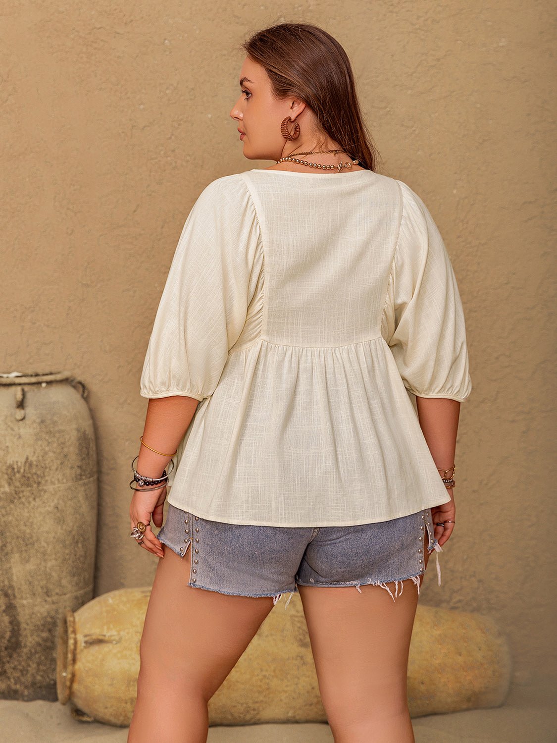 Plus Size Peplum V - Neck Half Sleeve Blouse - GirlyBayPlus Size ClothesPlus Size Peplum V - Neck Half Sleeve Blouse1001005054512380XLCreamGirlyBayPlus Size Peplum V - Neck Half Sleeve Blouse