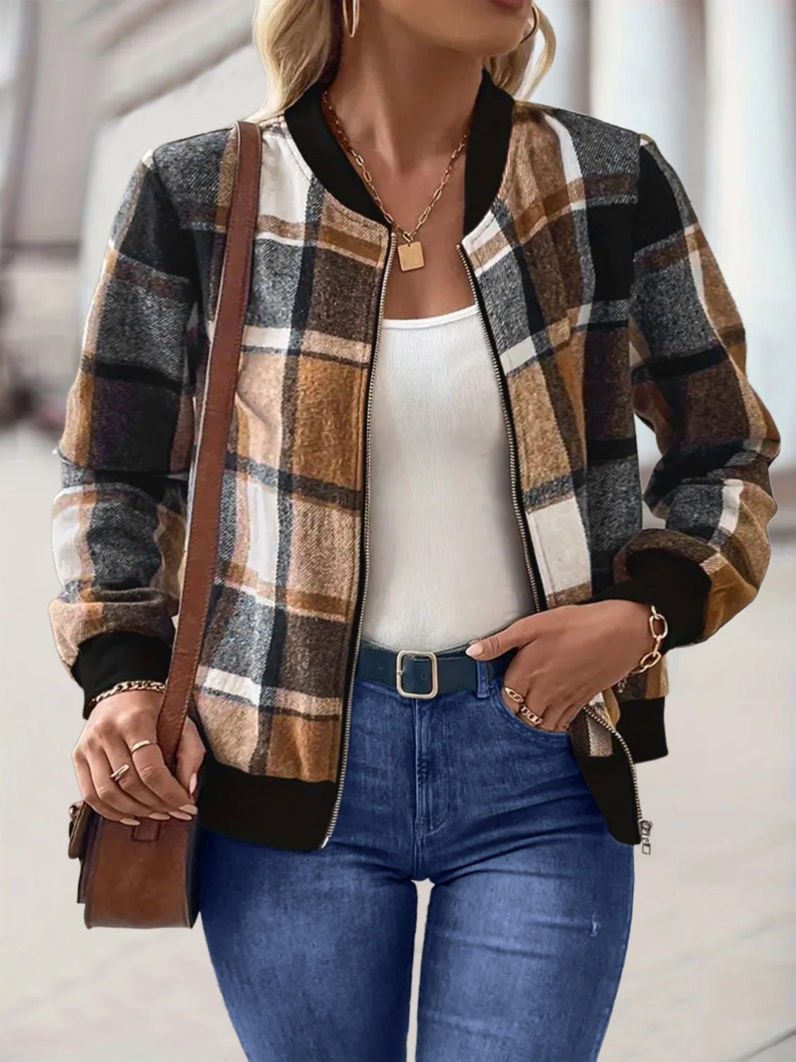 Plus Size Plaid Baseball Collar Zip Up Jacket - GirlyBayPlus Size ClothesPlus Size Plaid Baseball Collar Zip Up Jacket1001002161212351XLCaramelGirlyBayPlus Size Plaid Baseball Collar Zip Up Jacket